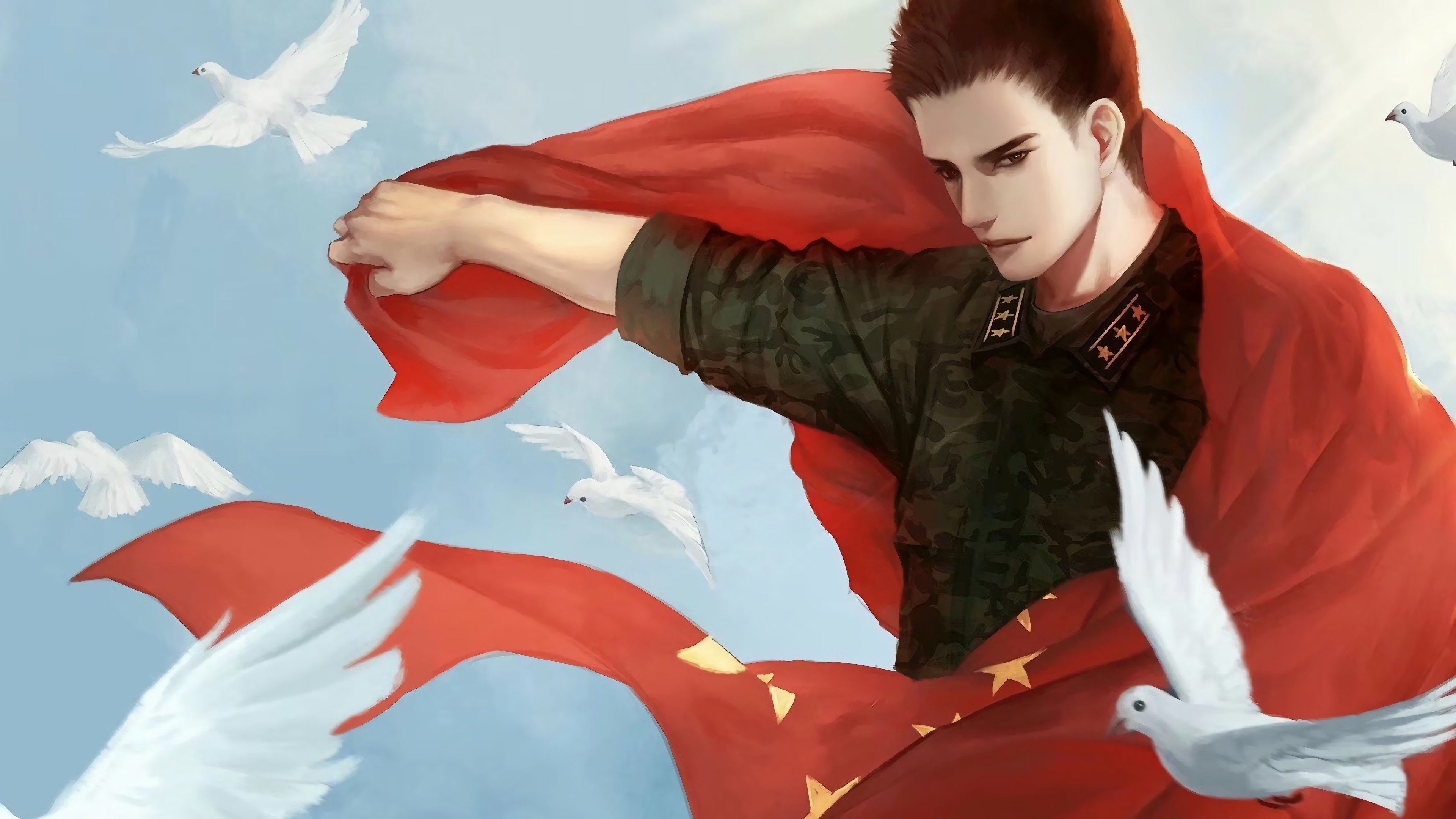 Man in military uniform with Chinese flag and doves HD Wallpaper