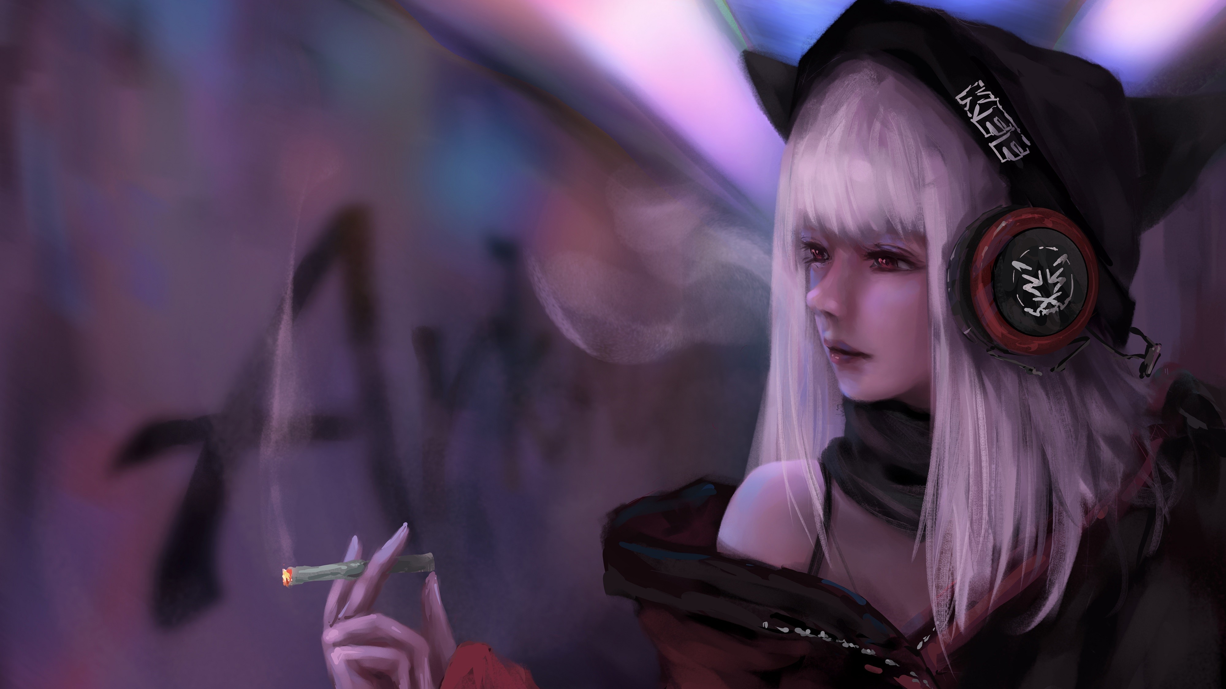 Frostleaf from Arknights smoking with headphones HD Wallpaper