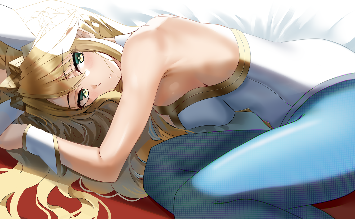 Anime girl with blonde hair lying on bed HD Wallpaper