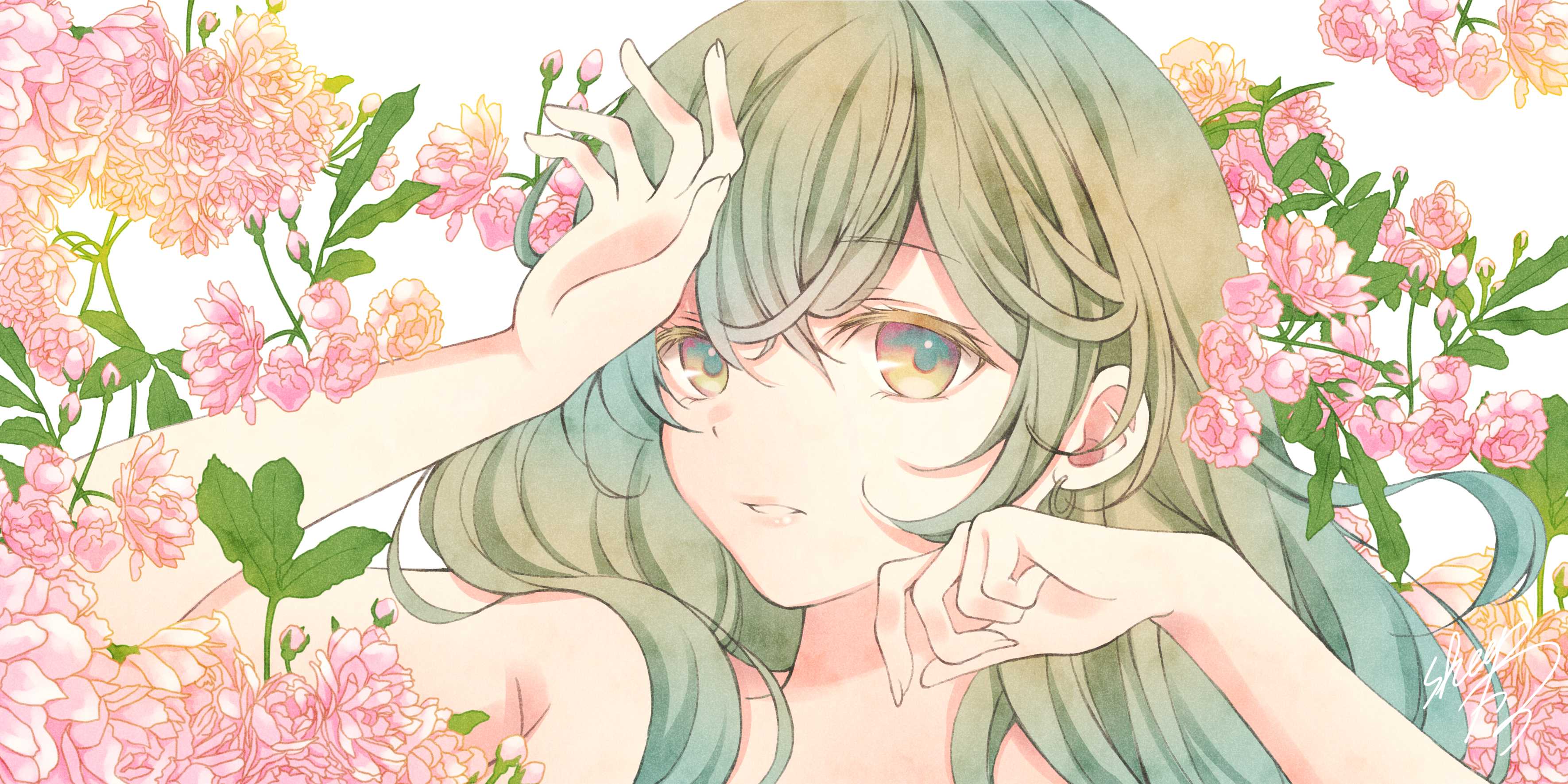 Anime girl with green hair surrounded by pink flowers HD Wallpaper