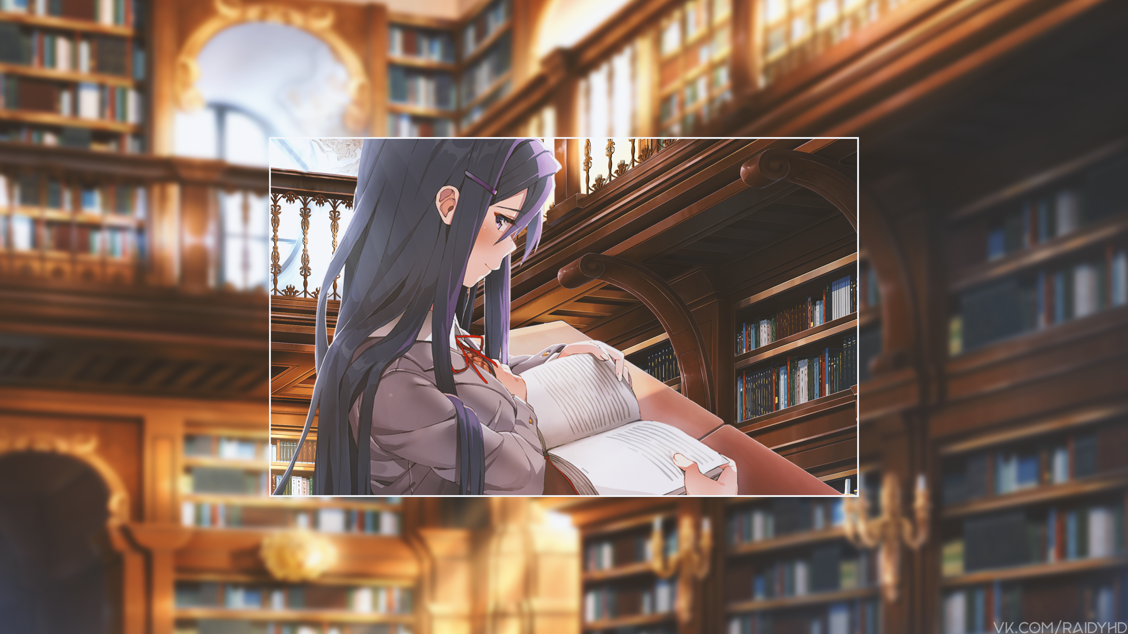 Yuri from Doki Doki Literature Club reading in a library HD Wallpaper