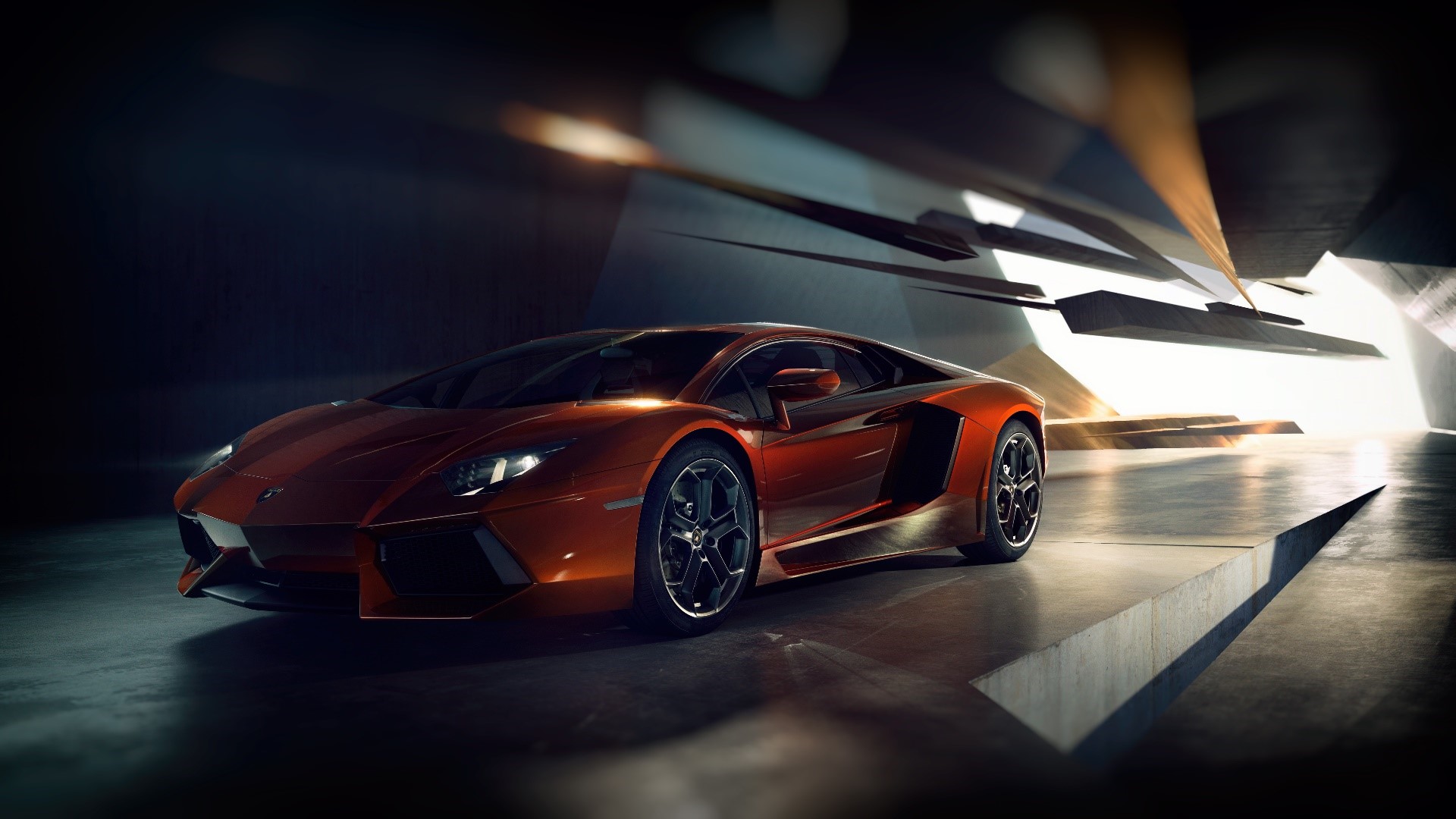 Orange Lamborghini Aventador in a futuristic setting HD Wallpaper
