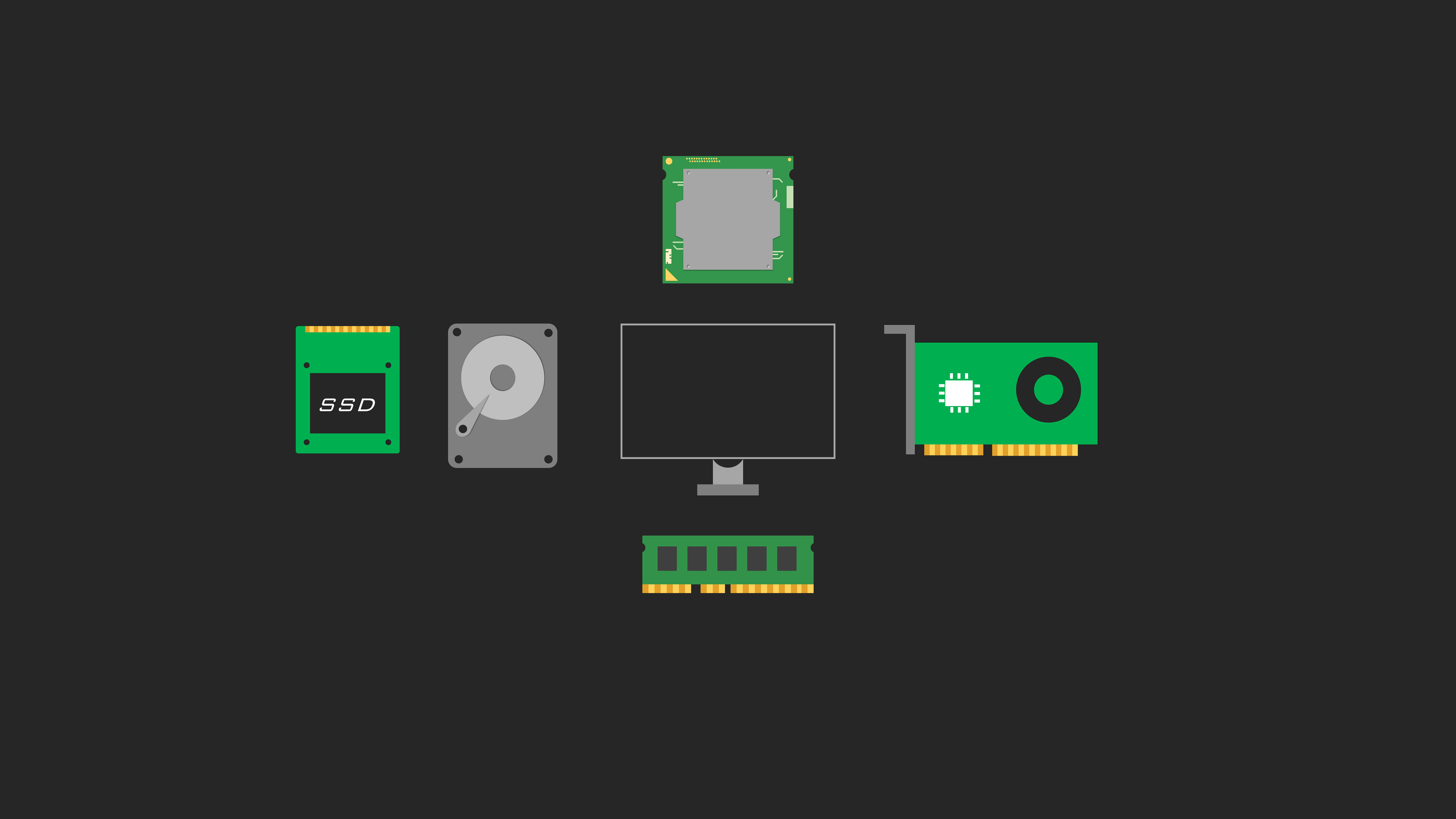 Computer components arranged around a monitor HD Wallpaper