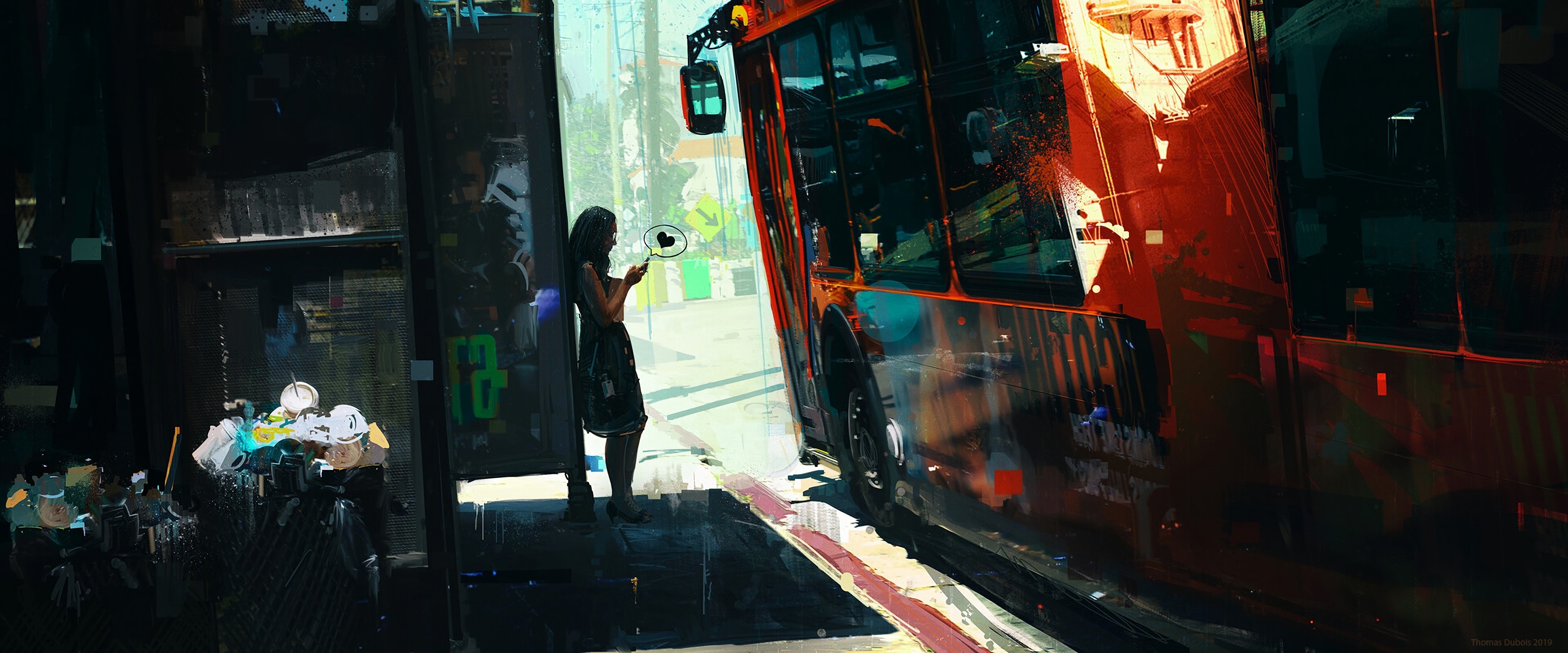 Woman at bus stop with phone, concept art by Thomas Dubois HD Wallpaper