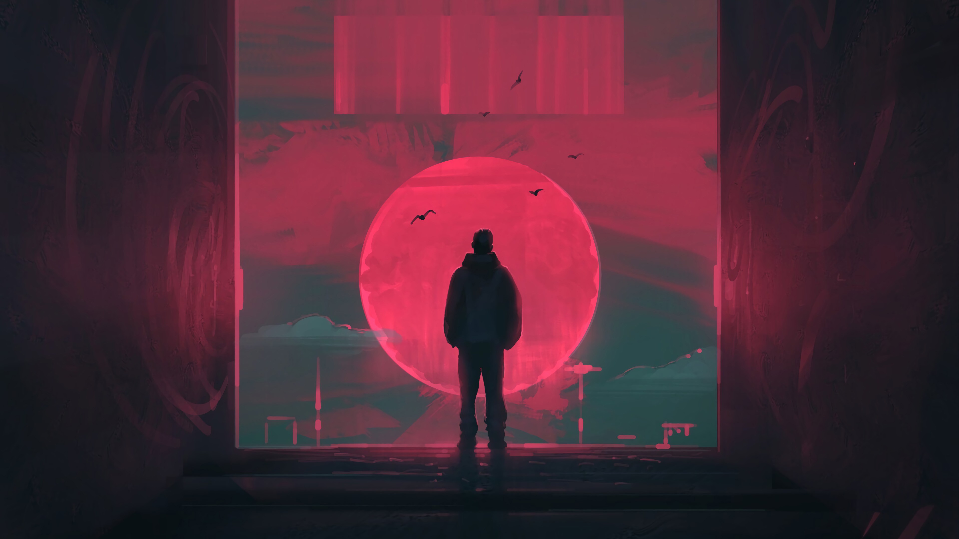 Man standing before a large red moon HD Wallpaper