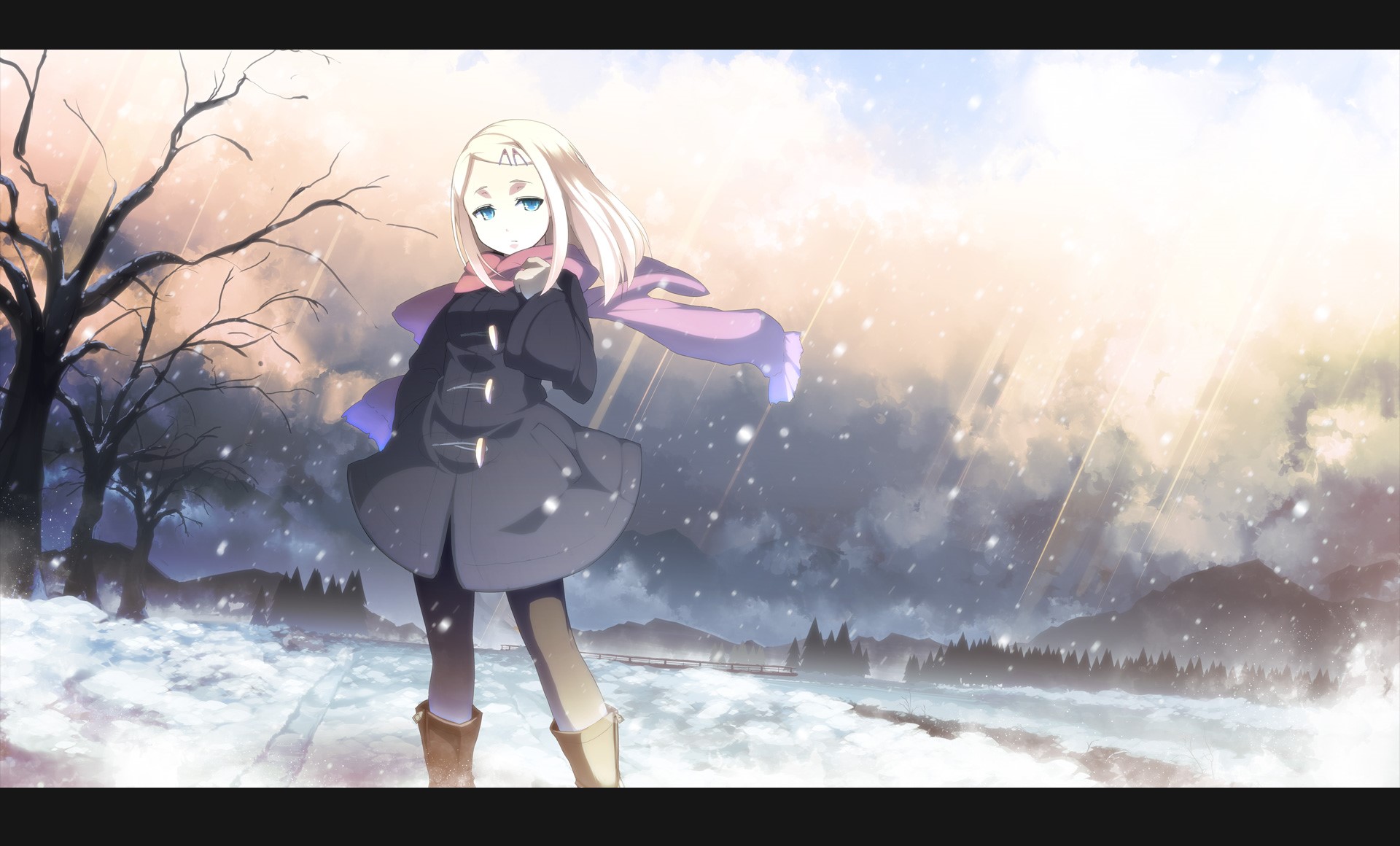 Anime girl in winter landscape with snow and mountains HD Wallpaper