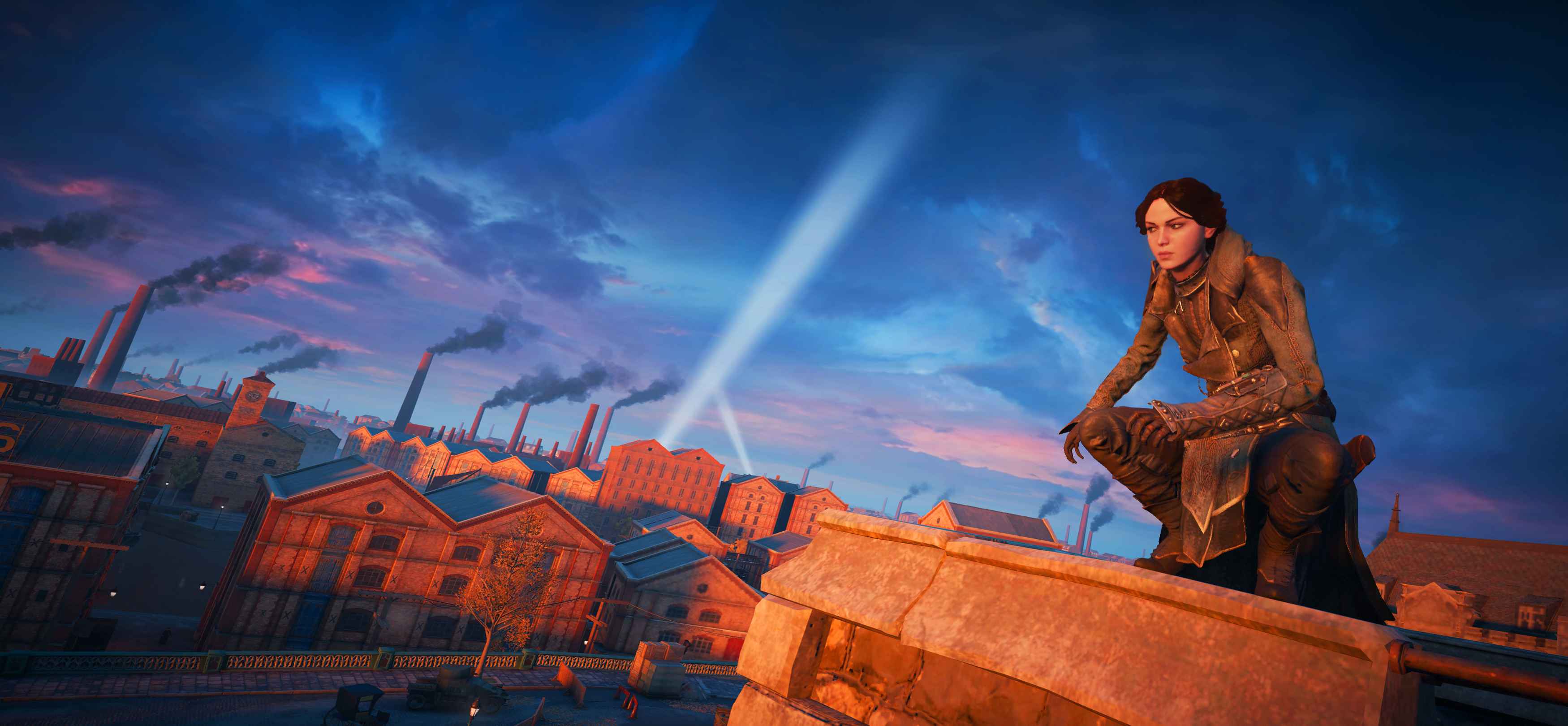 Evie Frye from Assassin's Creed Syndicate overlooking London at dusk HD Wallpaper