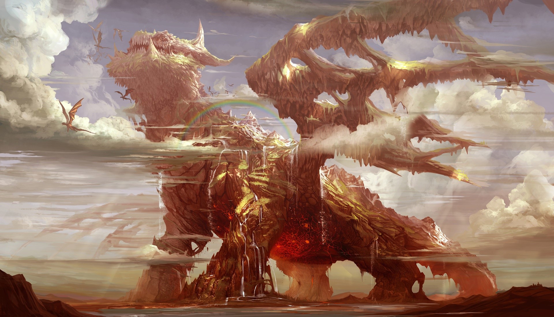 Fantasy art of a dragon-shaped mountain with flying dragons HD Wallpaper