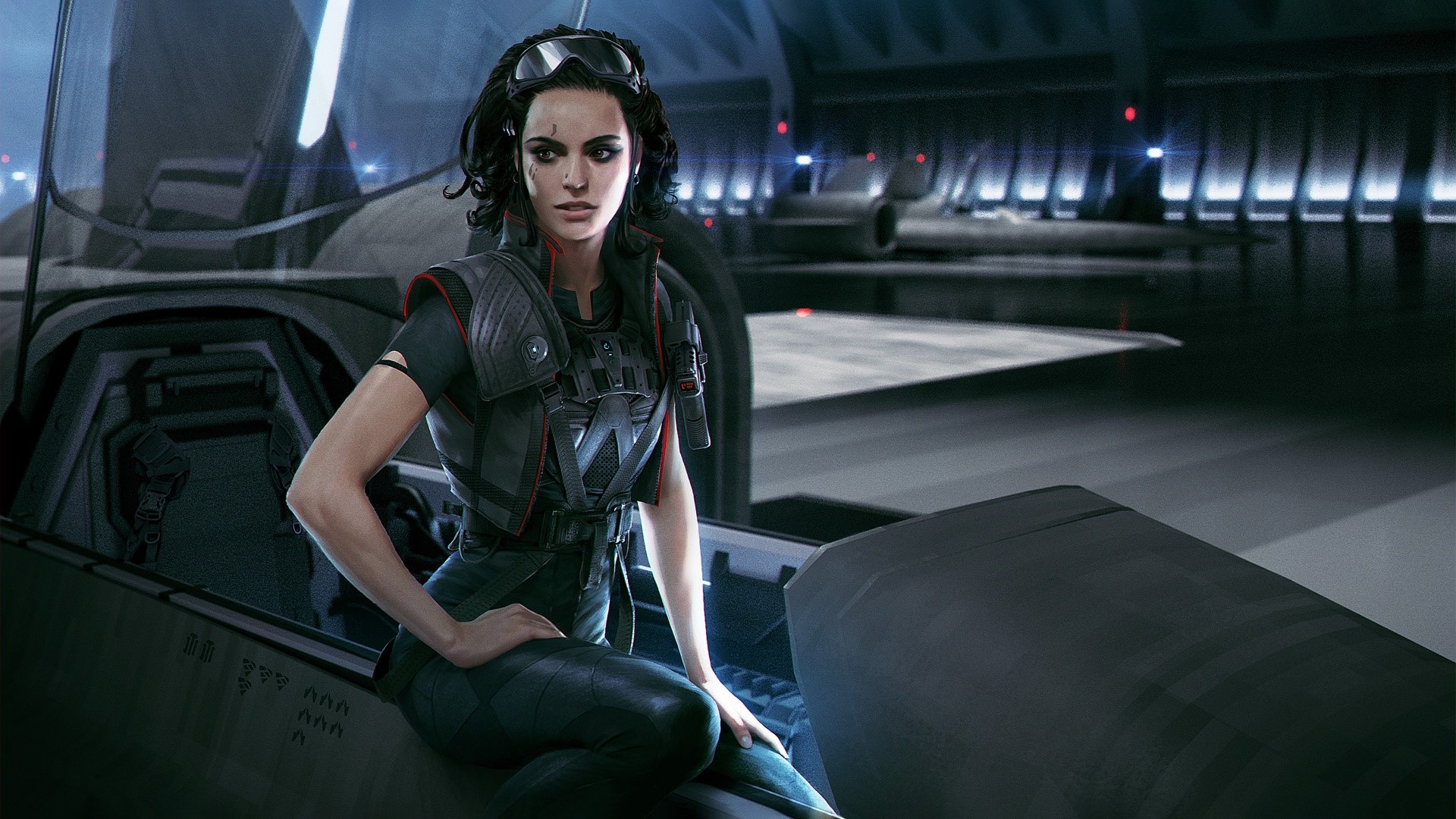 Woman in pilot uniform in hangar HD Wallpaper