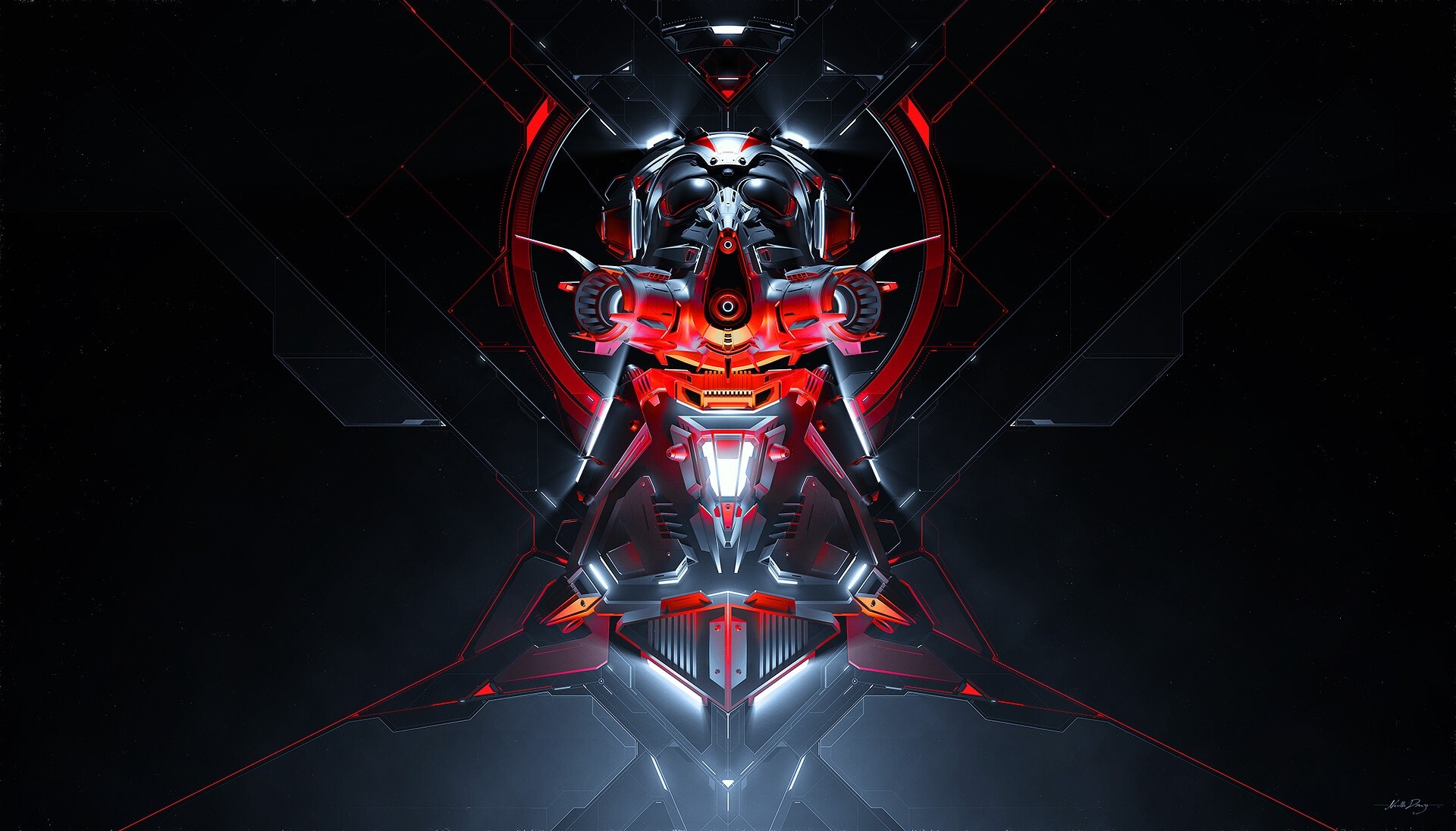 Abstract Sci-Fi Mechanical Design with Red and White Lights HD Wallpaper