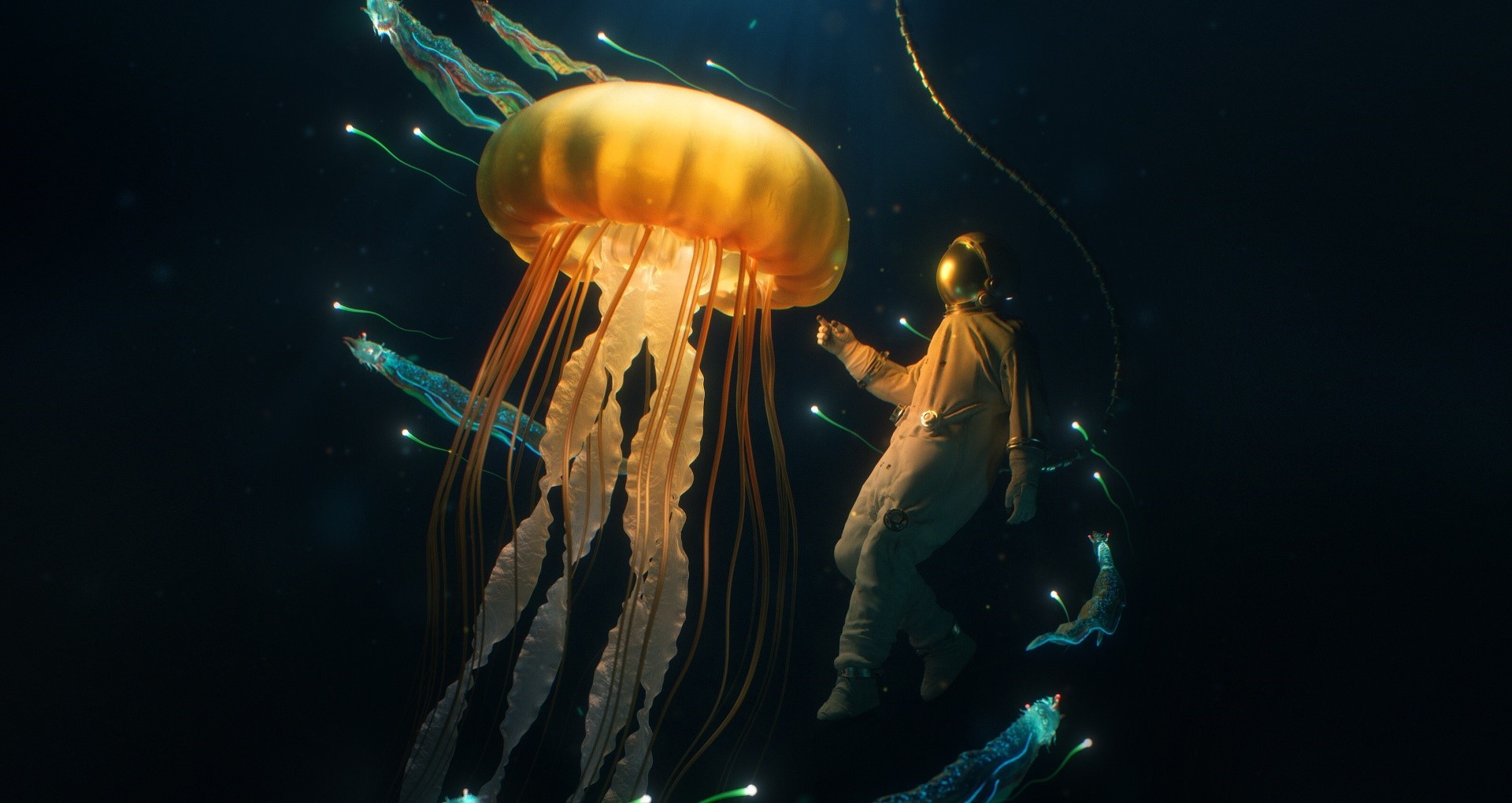 Astronaut interacting with a giant jellyfish and bioluminescent creatures HD Wallpaper