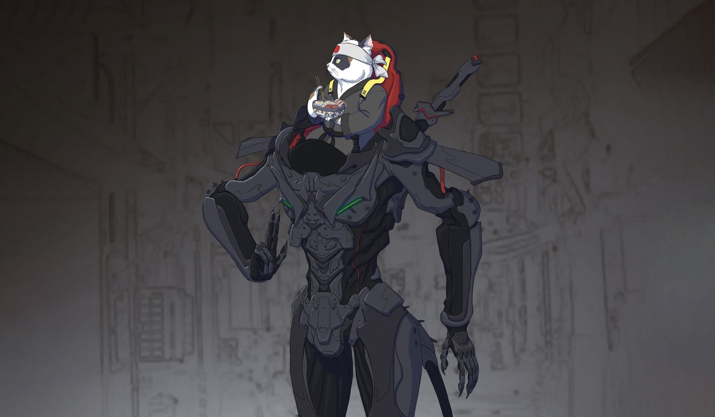 Cat in a robot suit eating noodles HD Wallpaper