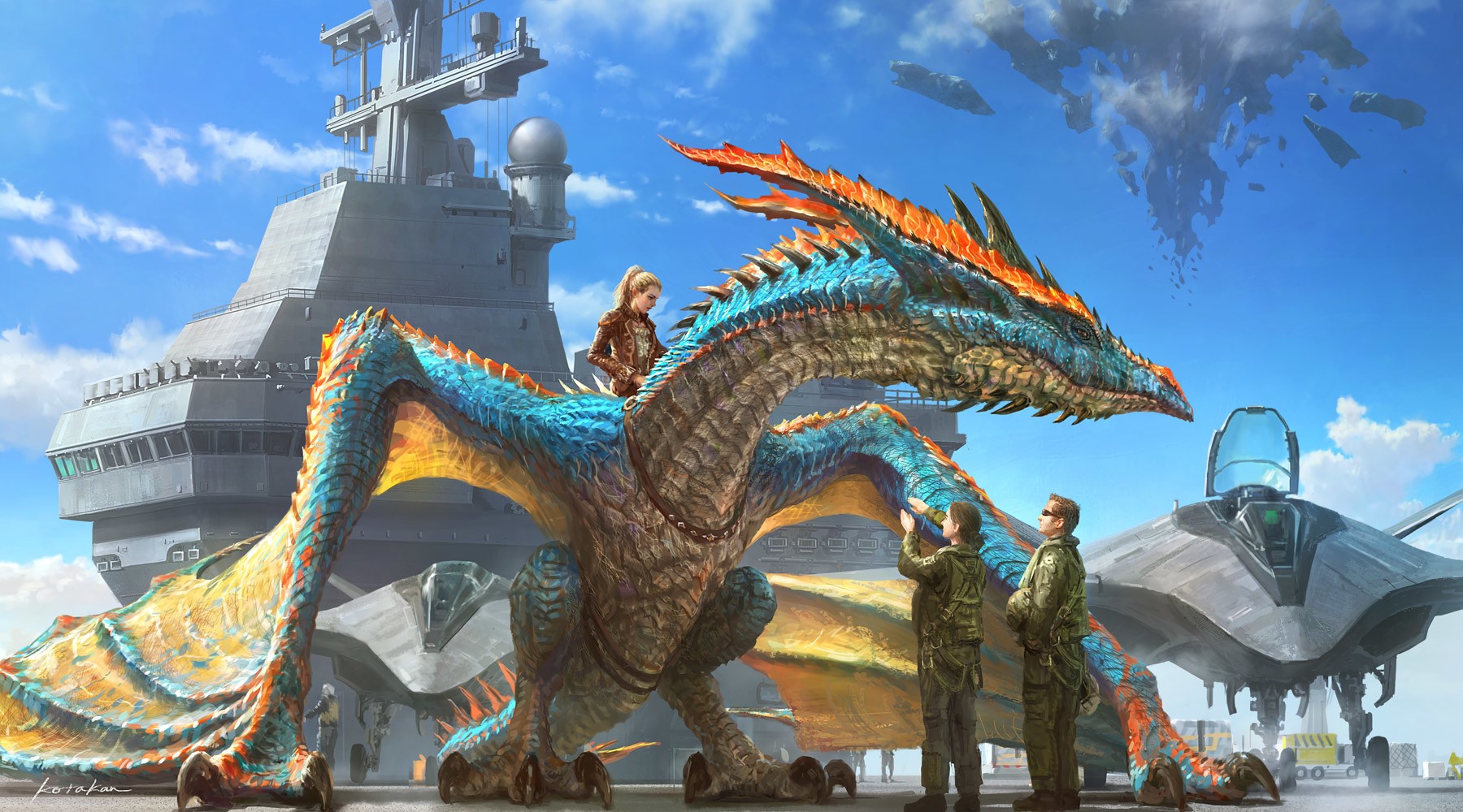 Dragon on an aircraft carrier with futuristic aircraft HD Wallpaper