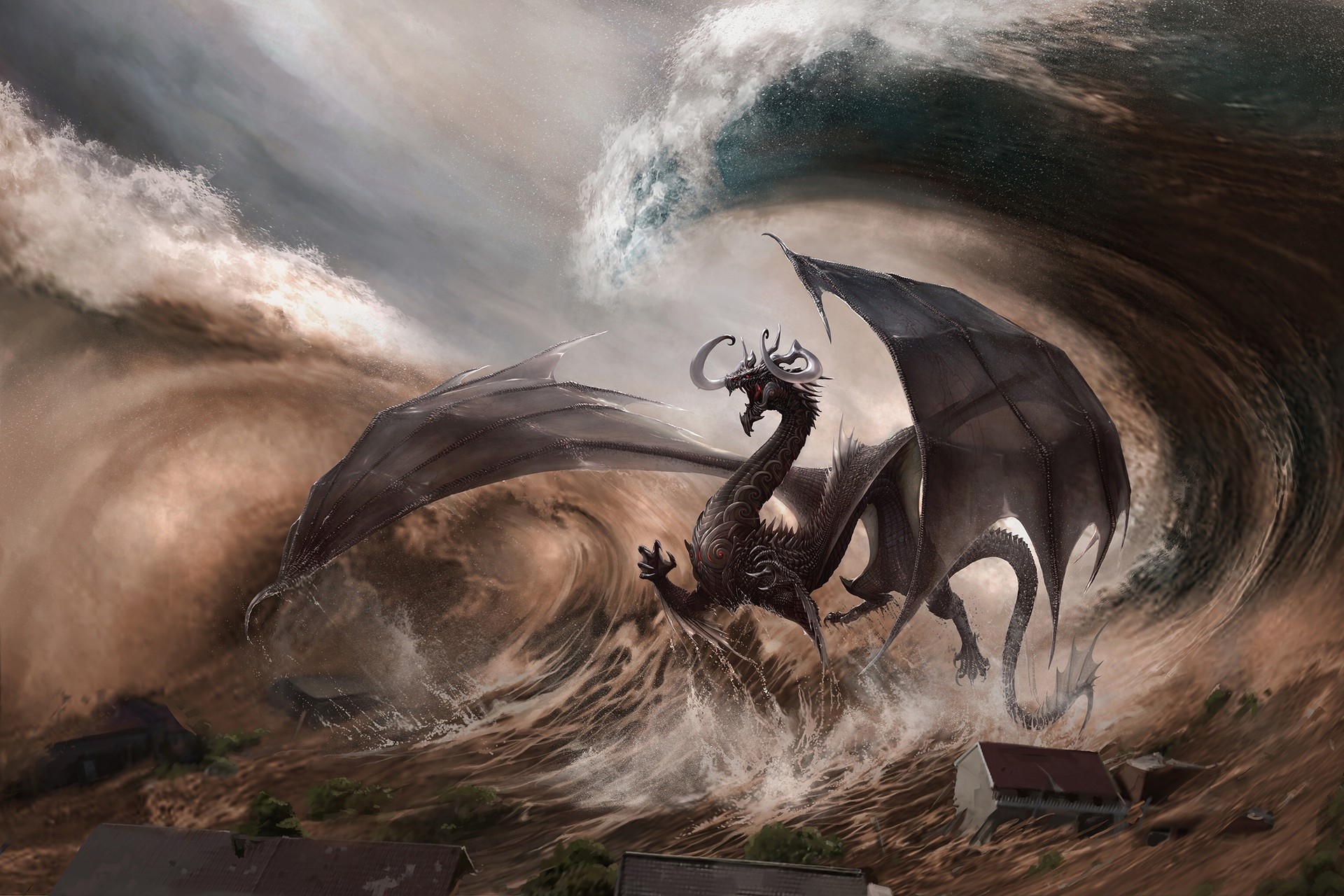 Dragon in a Tsunami HD Wallpaper