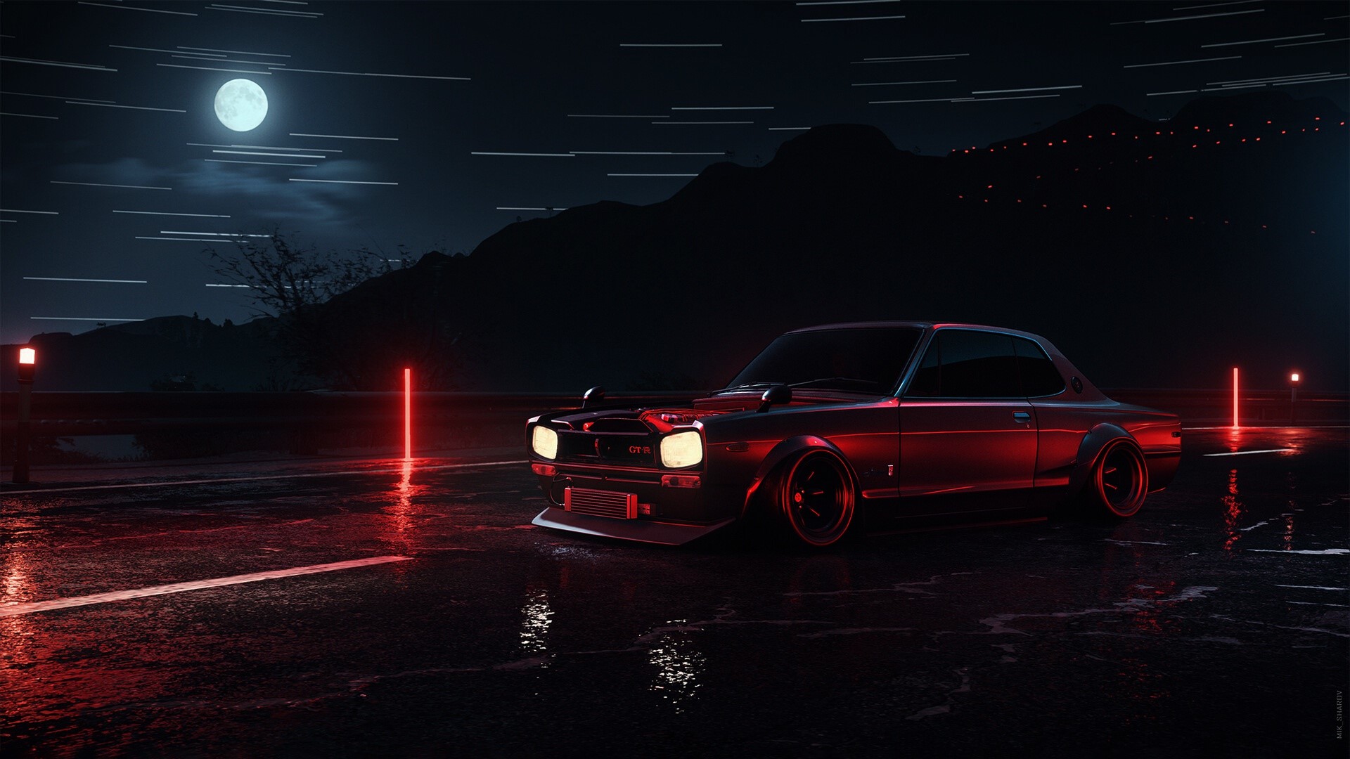Red Nissan Skyline GT-R C10 on a wet road at night HD Wallpaper
