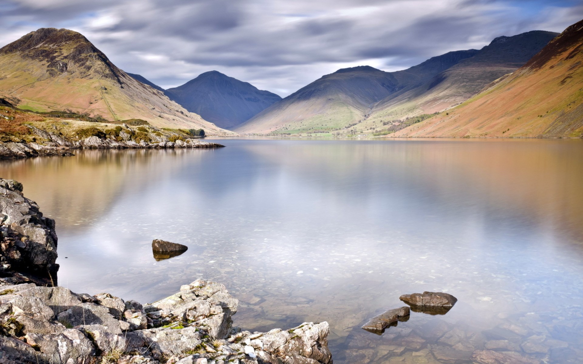 Lake and Mountains Under Cloudy Sky HD Wallpaper