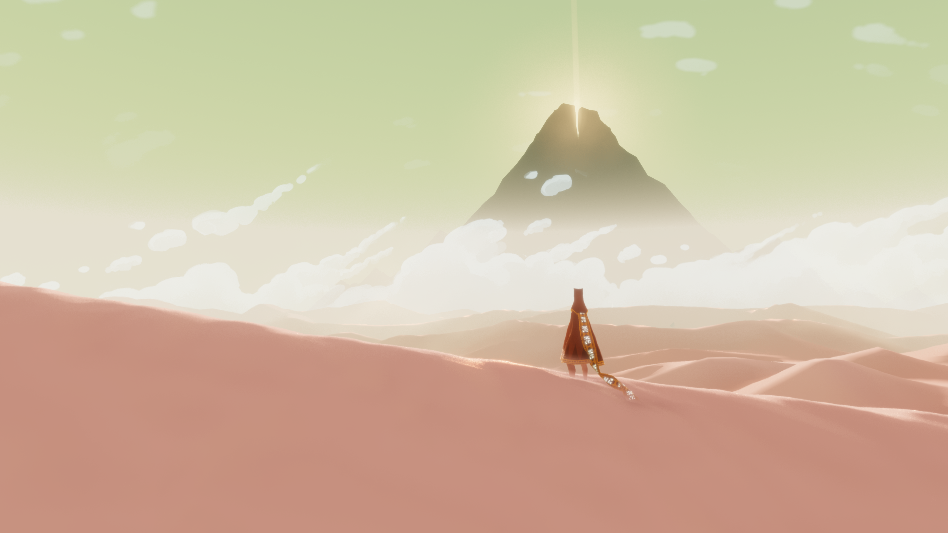 Character from Journey (game) in desert with mountain HD Wallpaper