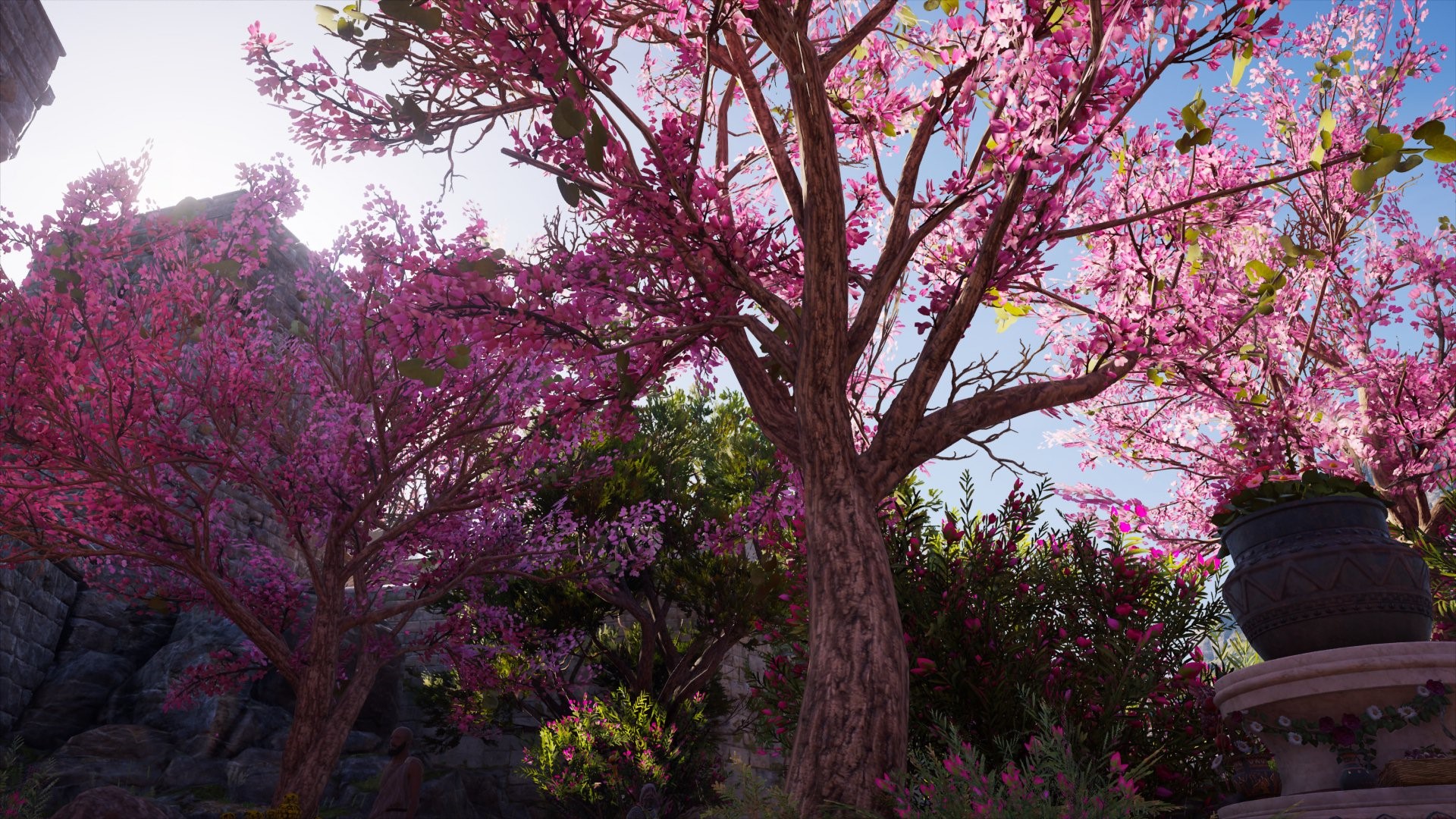 Assassin's Creed Odyssey game art with pink trees HD Wallpaper