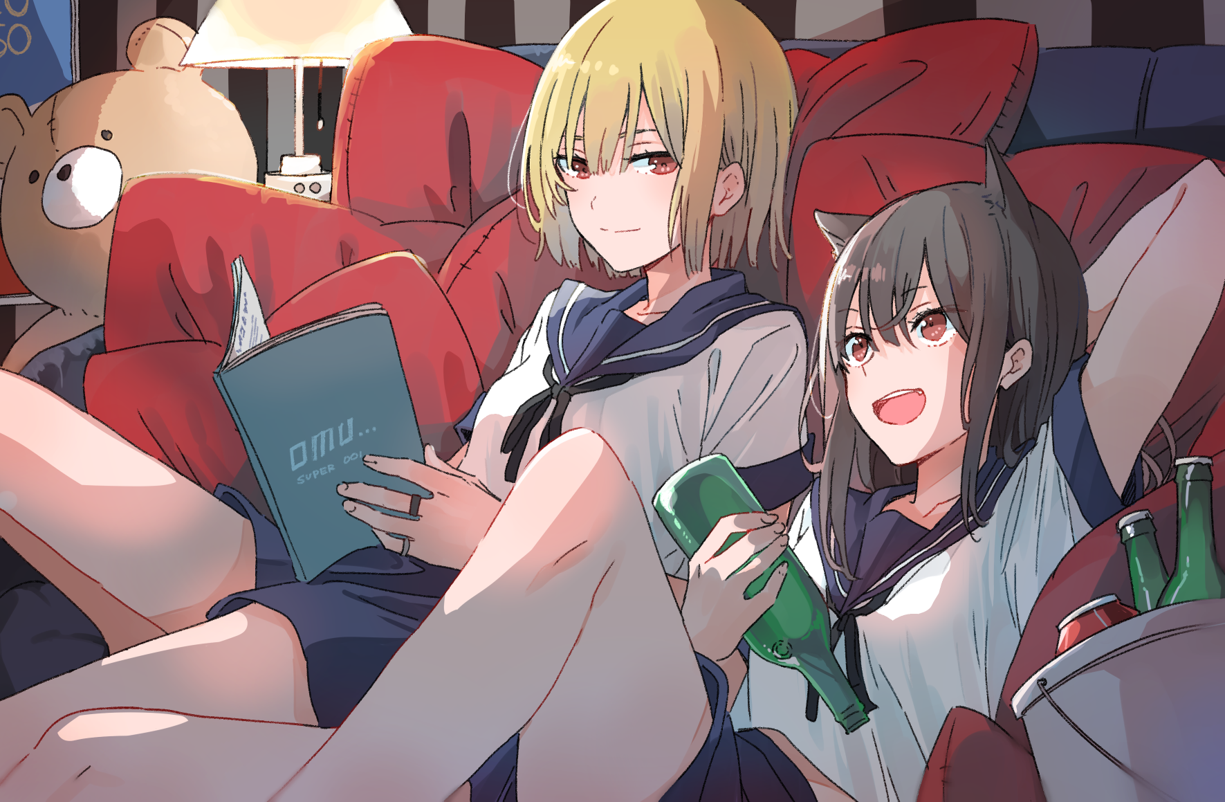 Two anime girls in sailor uniforms relaxing on a couch HD Wallpaper