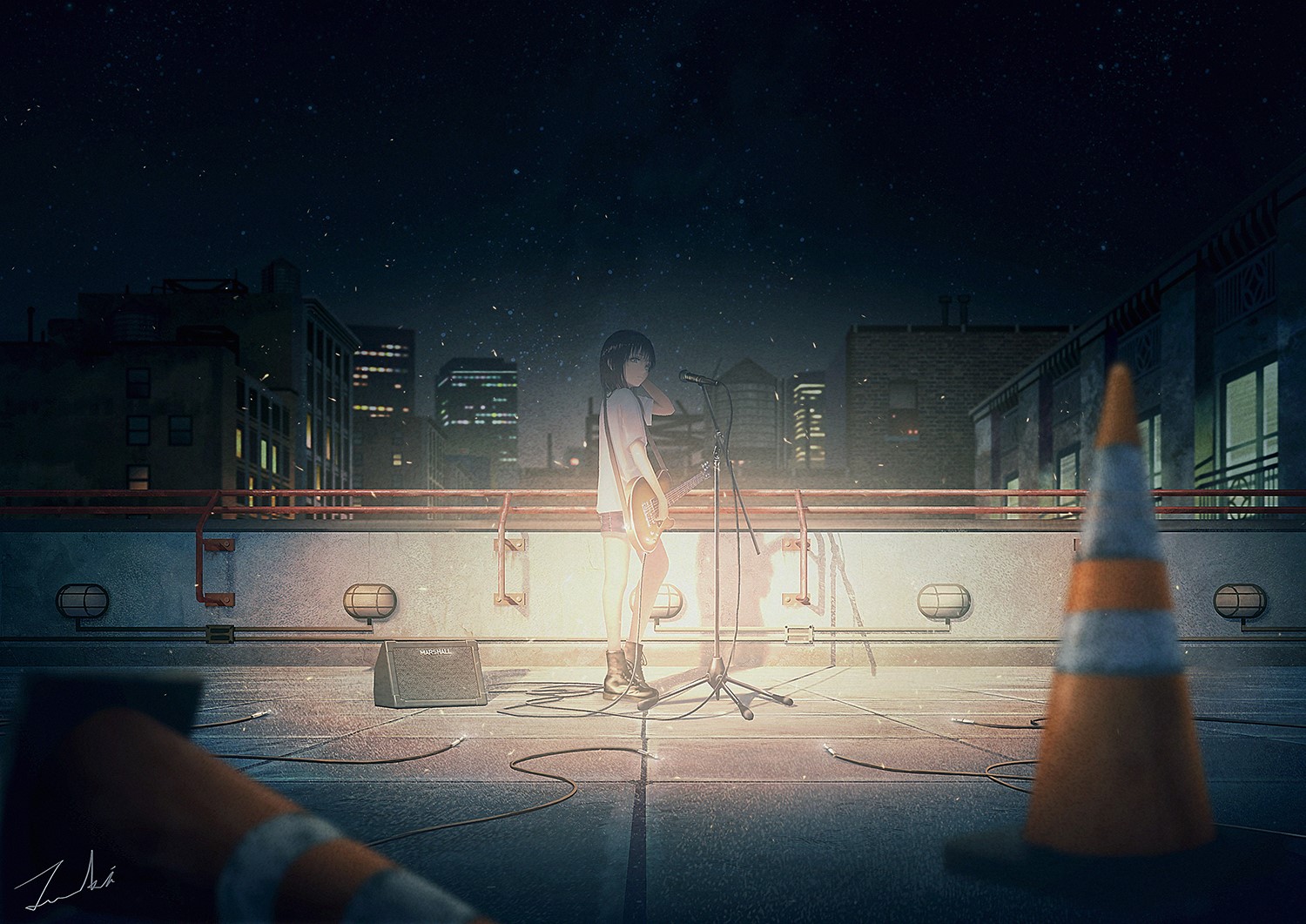 Anime girl with guitar on rooftop at night HD Wallpaper