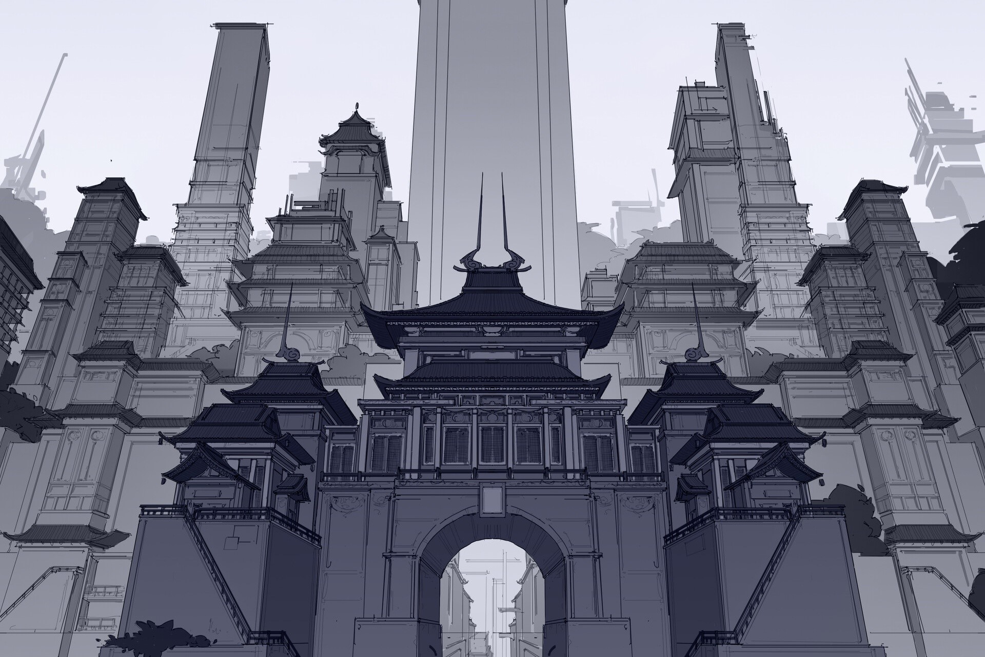 Futuristic Asian-inspired cityscape with traditional architecture HD Wallpaper