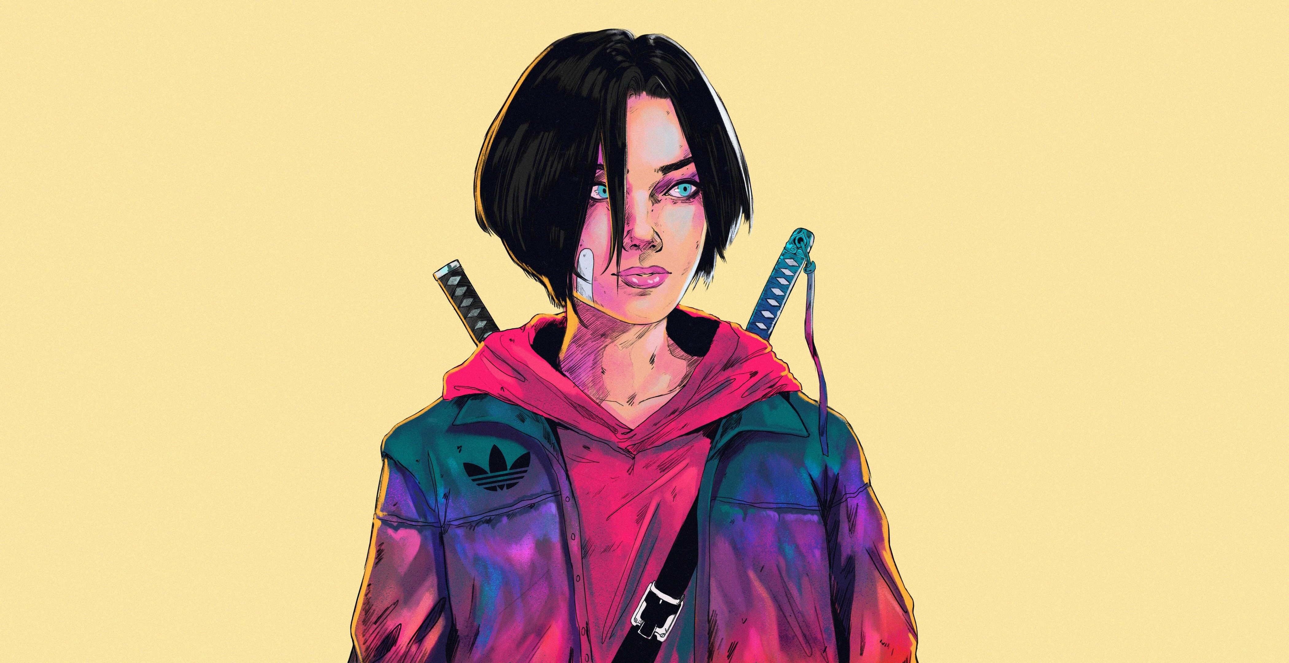 Artwork of a woman with dark hair and swords HD Wallpaper