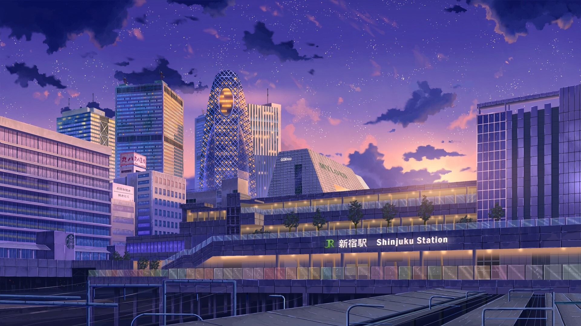 Shinjuku Station cityscape at twilight with stars HD Wallpaper