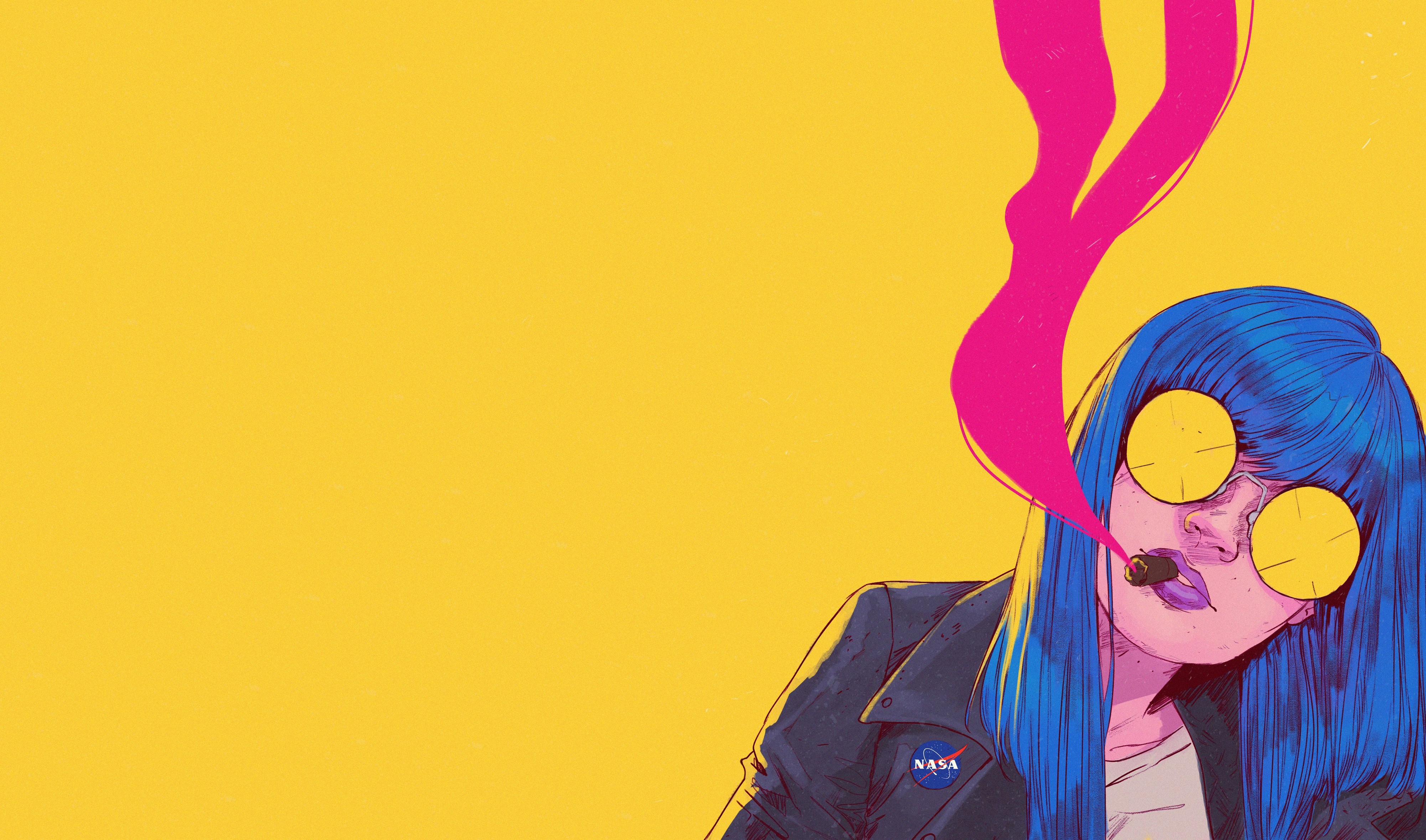 Artwork of a woman smoking with blue hair and yellow shades HD Wallpaper