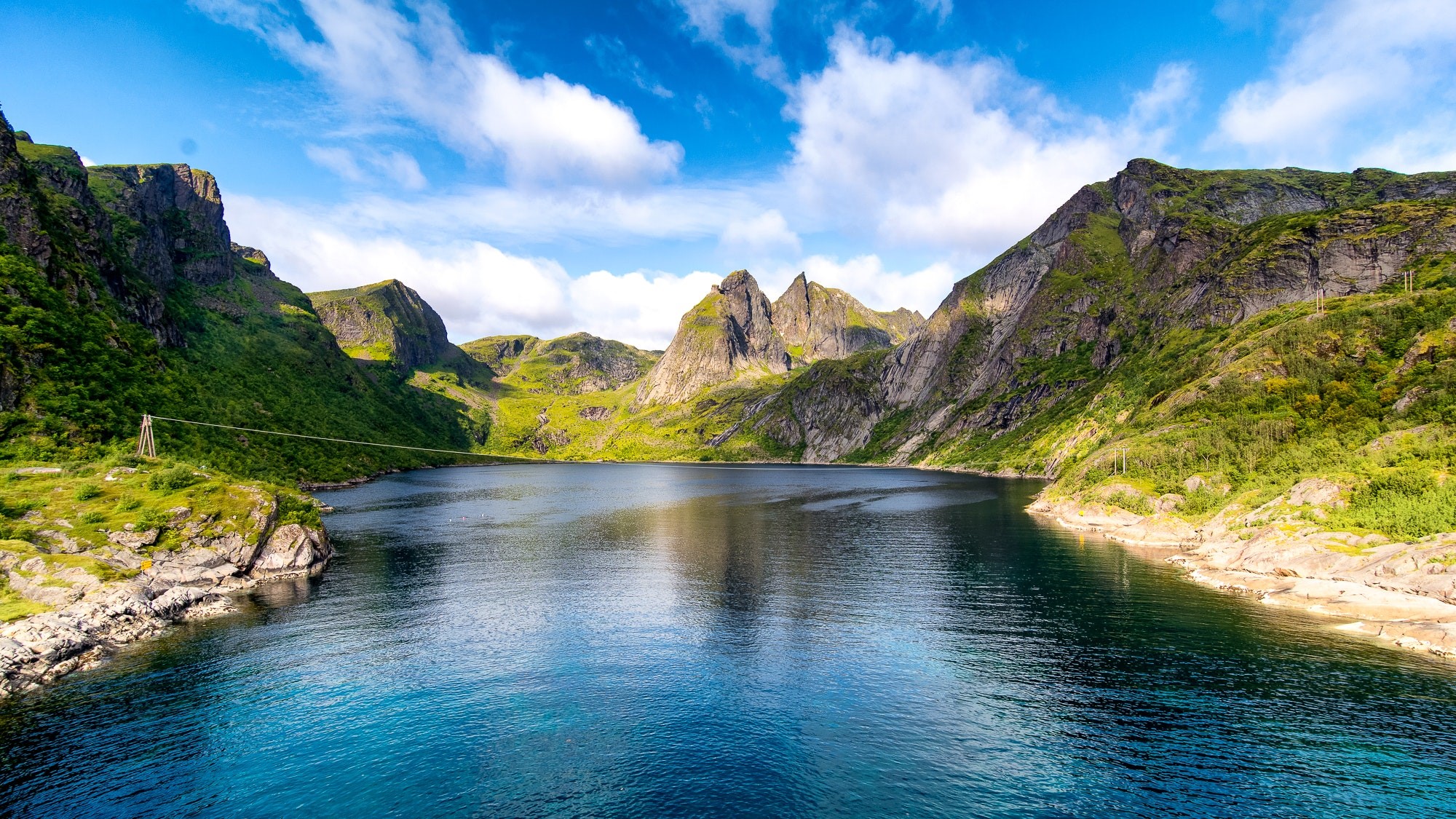 Lake surrounded by green mountains under a cloudy sky HD Wallpaper