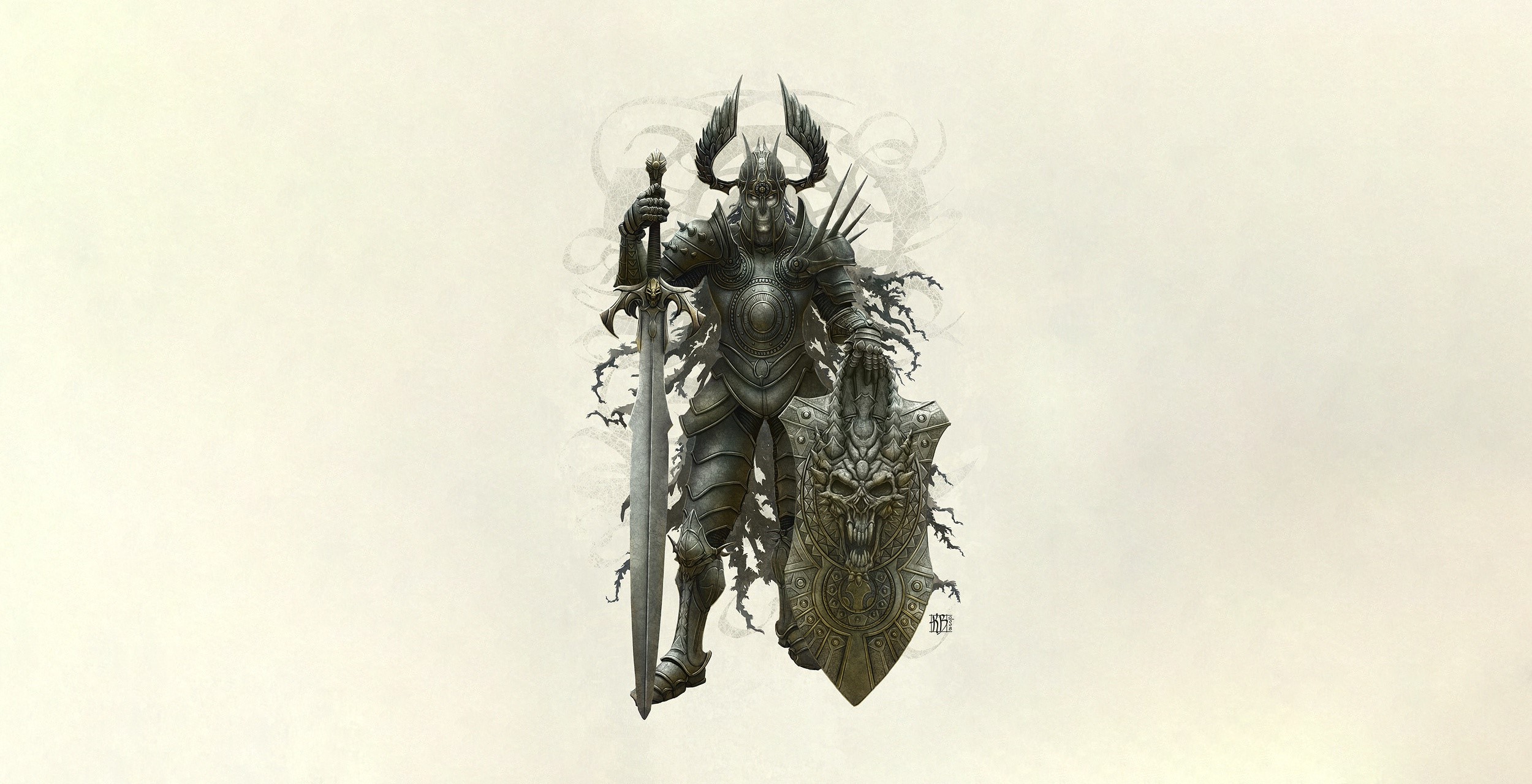Knight in armor with sword and skull shield HD Wallpaper