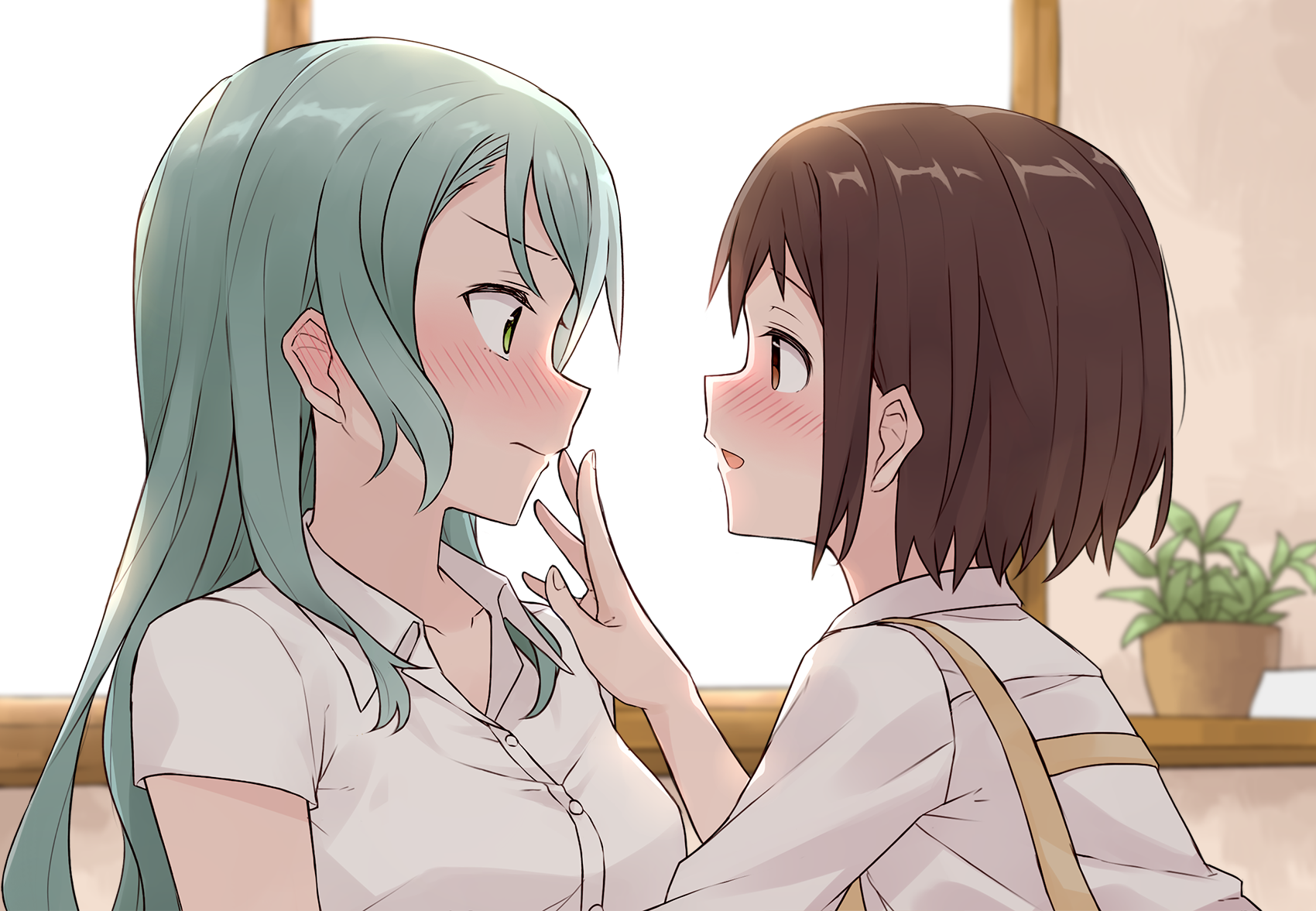 Two anime girls blushing and looking at each other HD Wallpaper