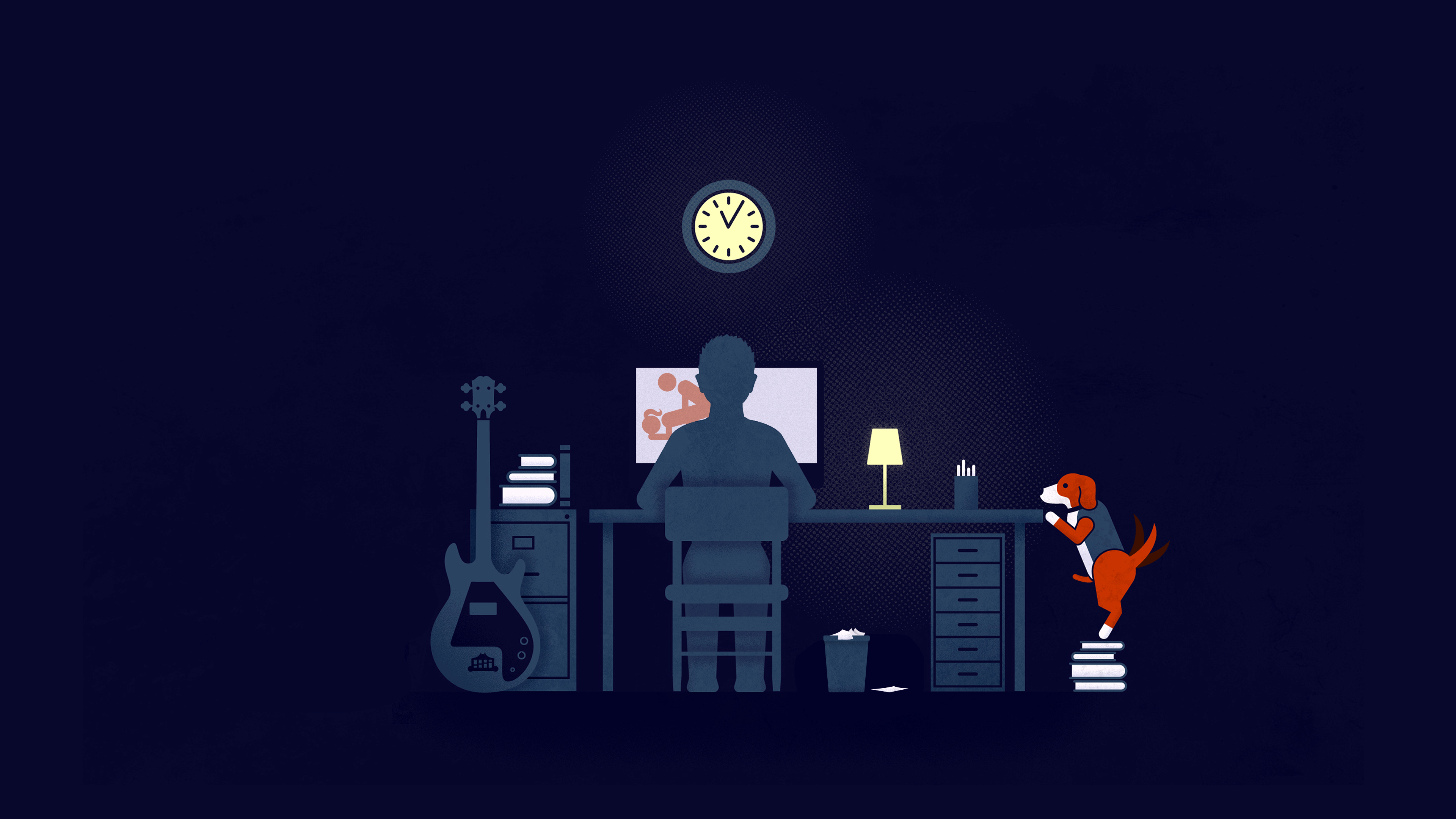 Man at computer with dog and guitar HD Wallpaper