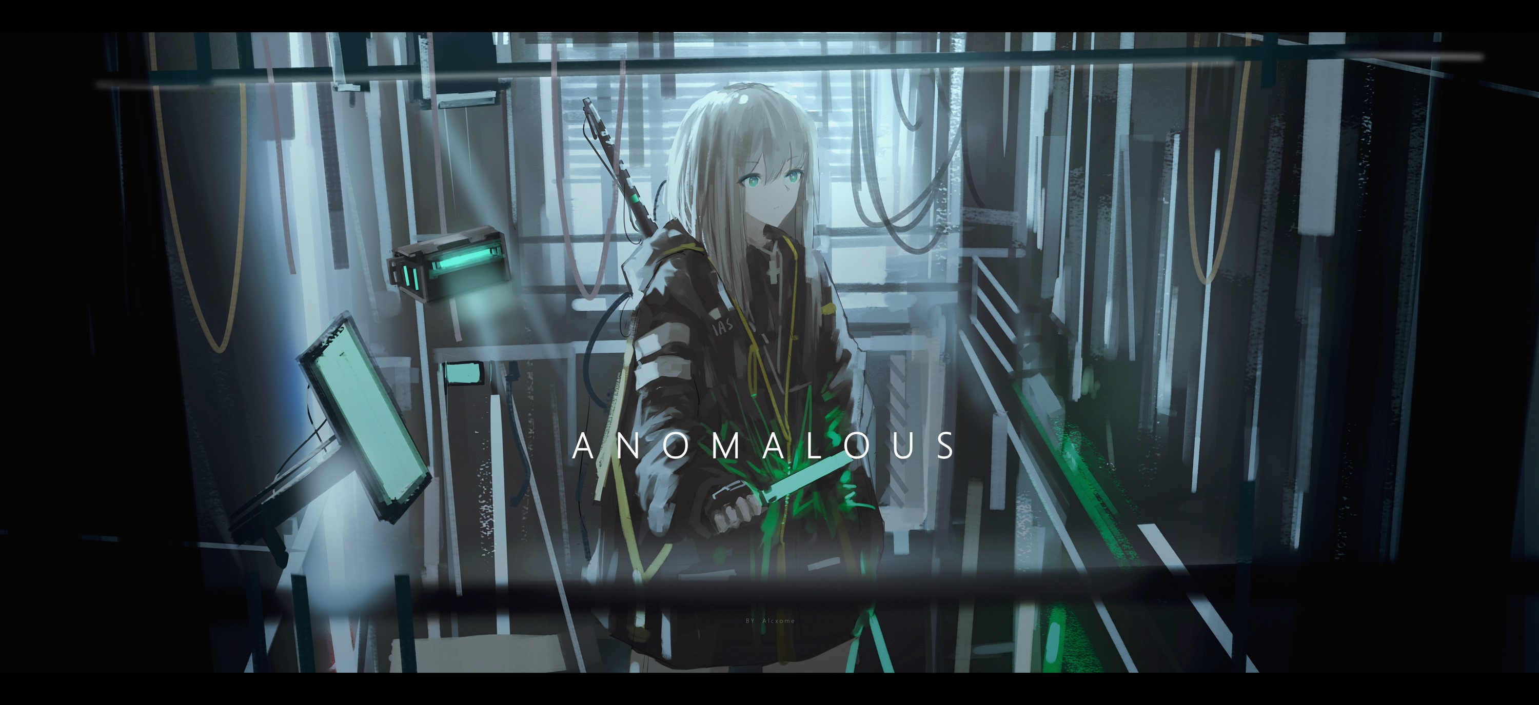 Anime girl with sword and knife in futuristic city HD Wallpaper