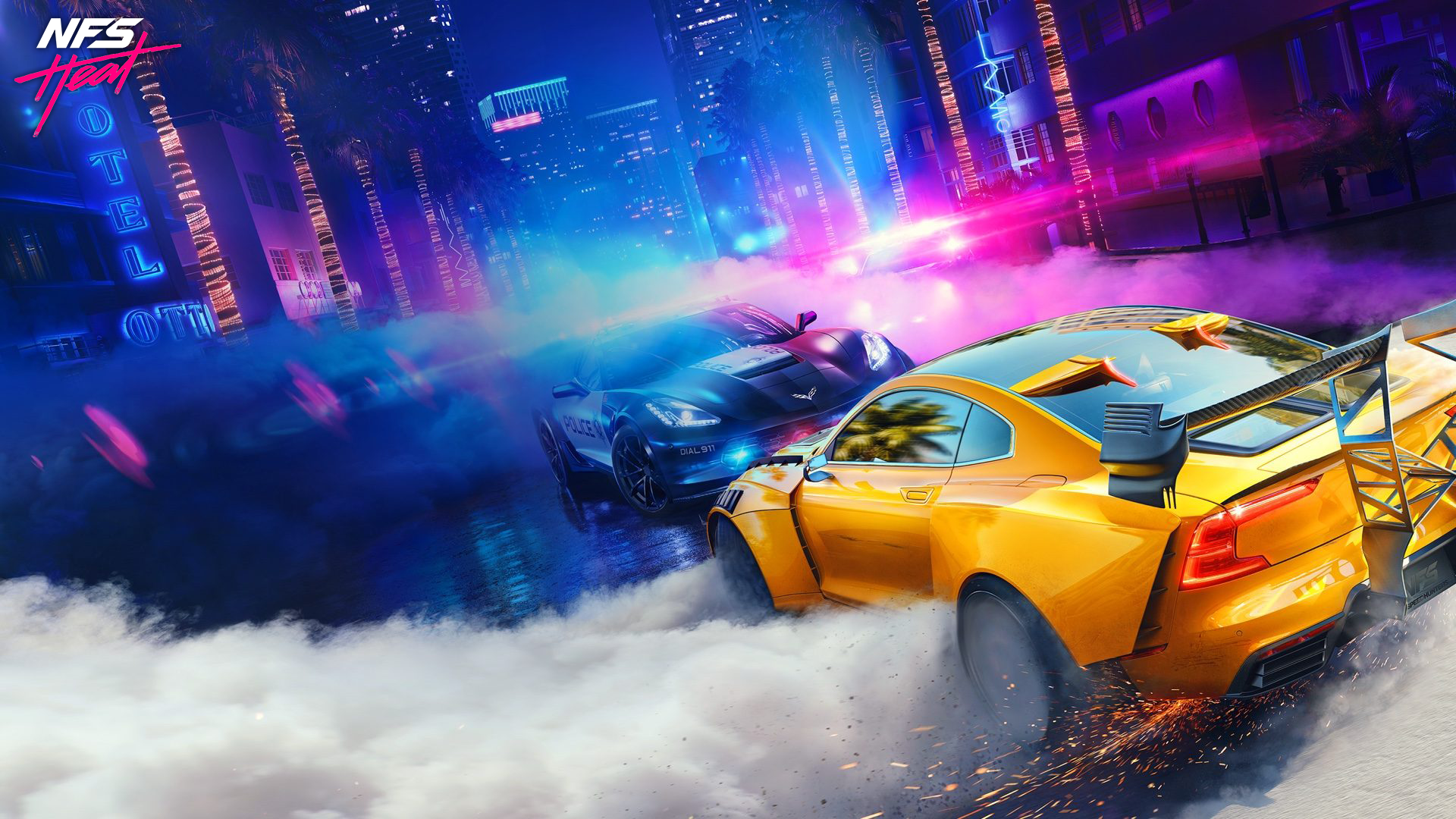 Need for Speed Heat: Police Corvette and Yellow Car in Neon City HD Wallpaper