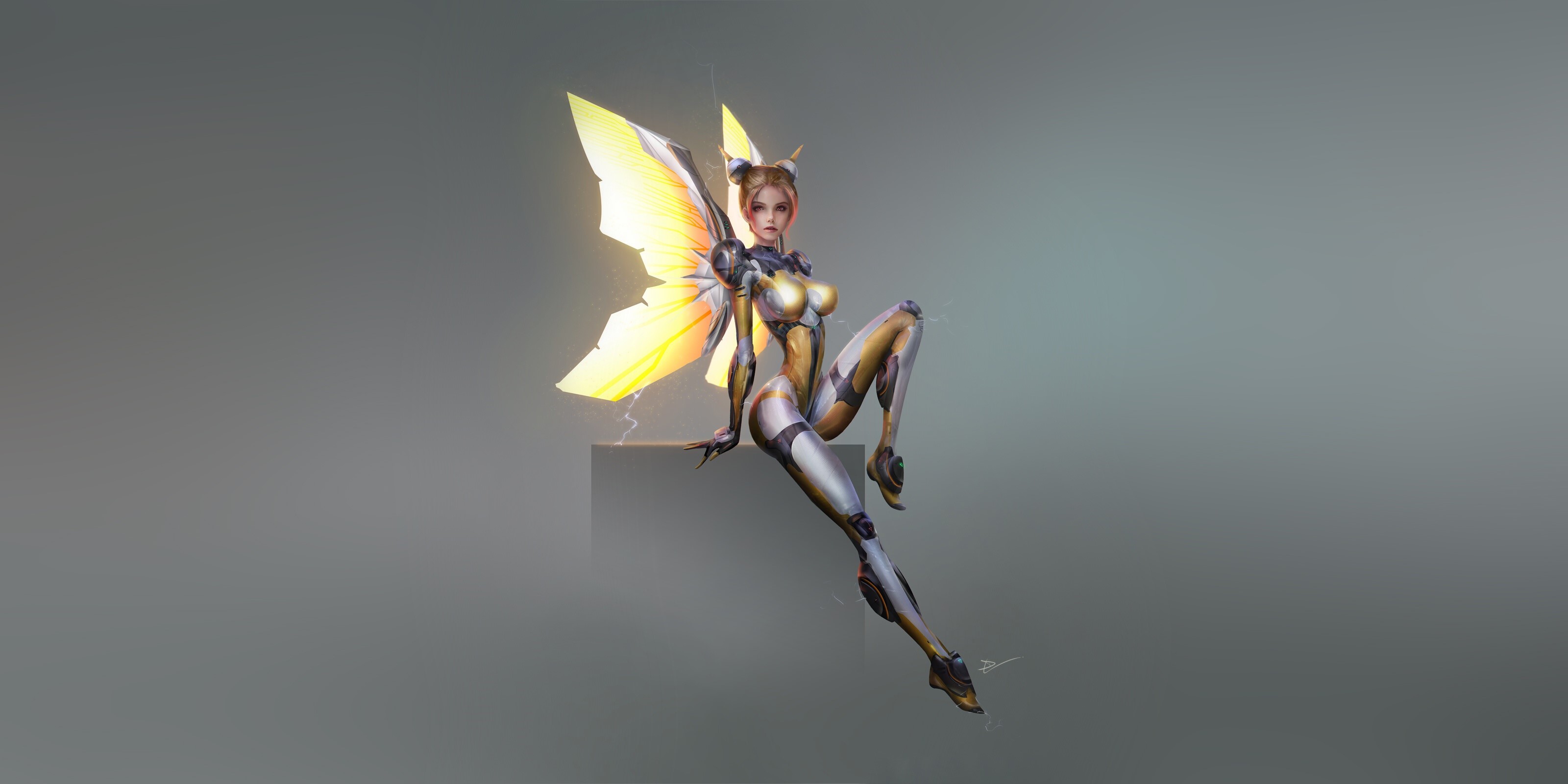 Fantasy art of a cyborg fairy with glowing wings HD Wallpaper