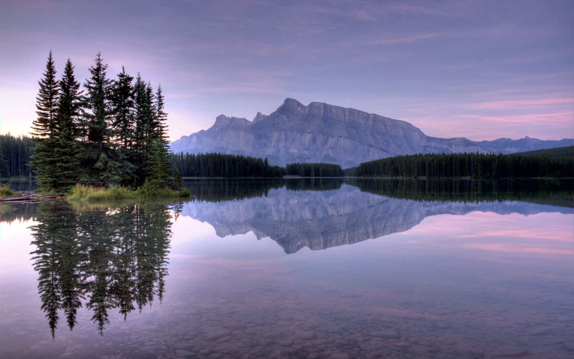 Mountain reflected in a calm lake with pine trees HD Wallpaper