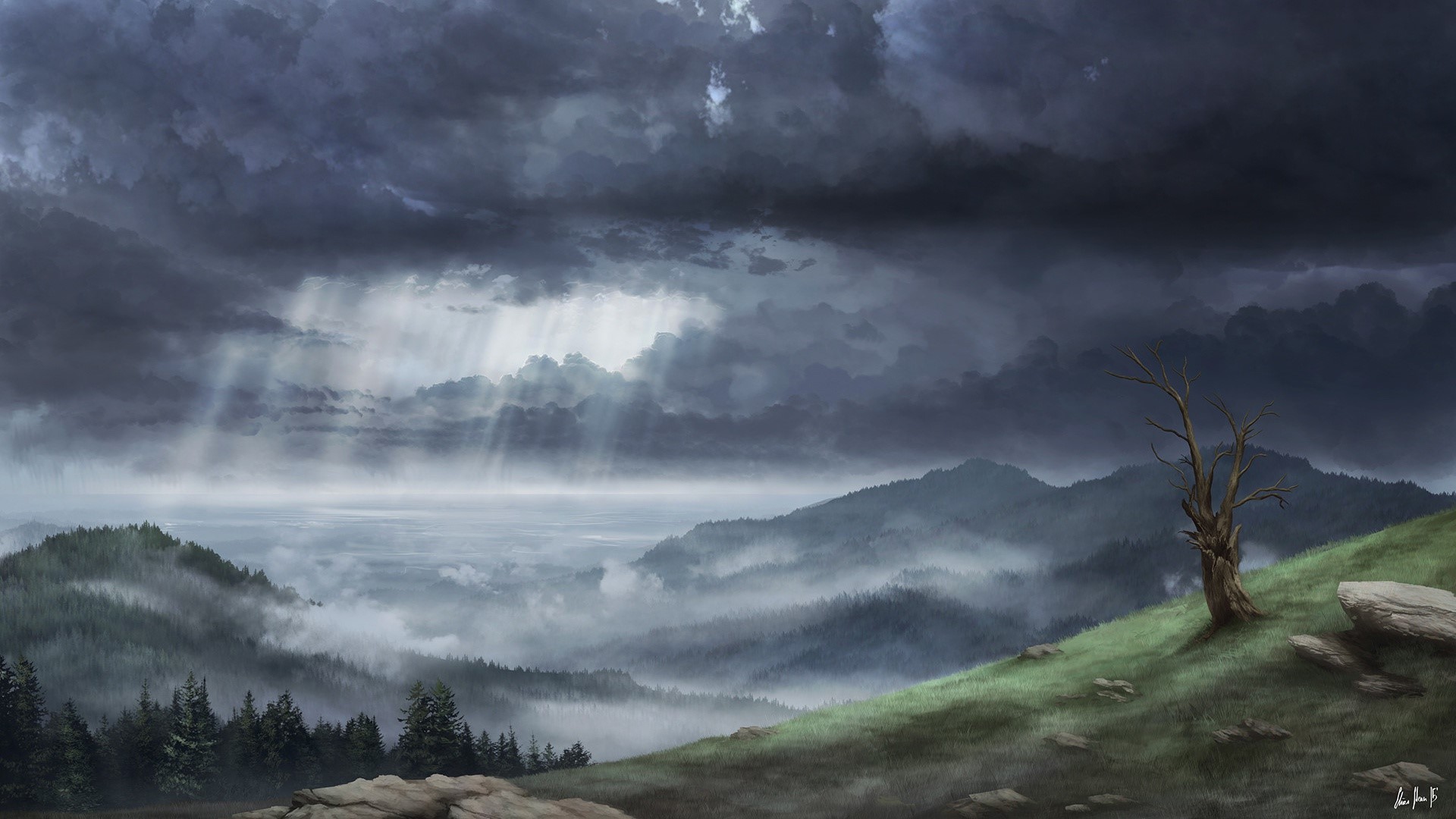 Stormy sky over misty mountains and a lone tree HD Wallpaper