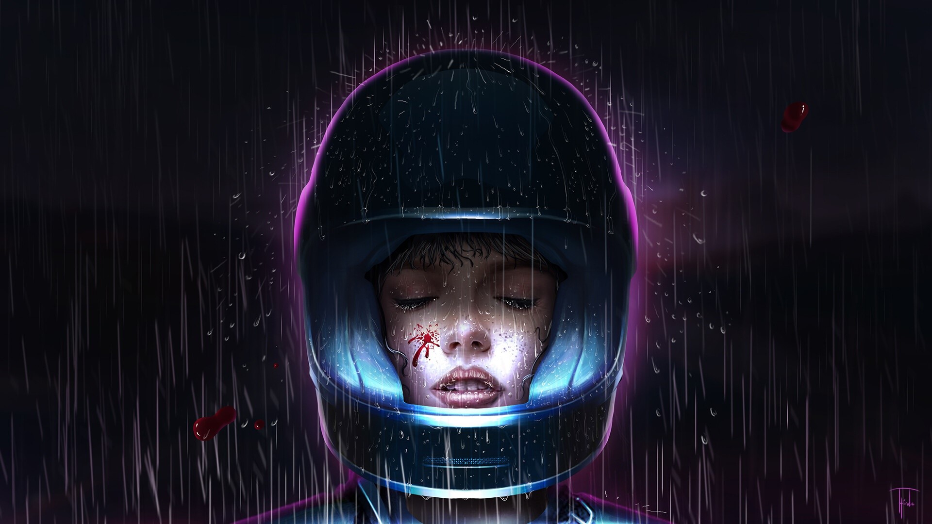 Woman in helmet in the rain HD Wallpaper