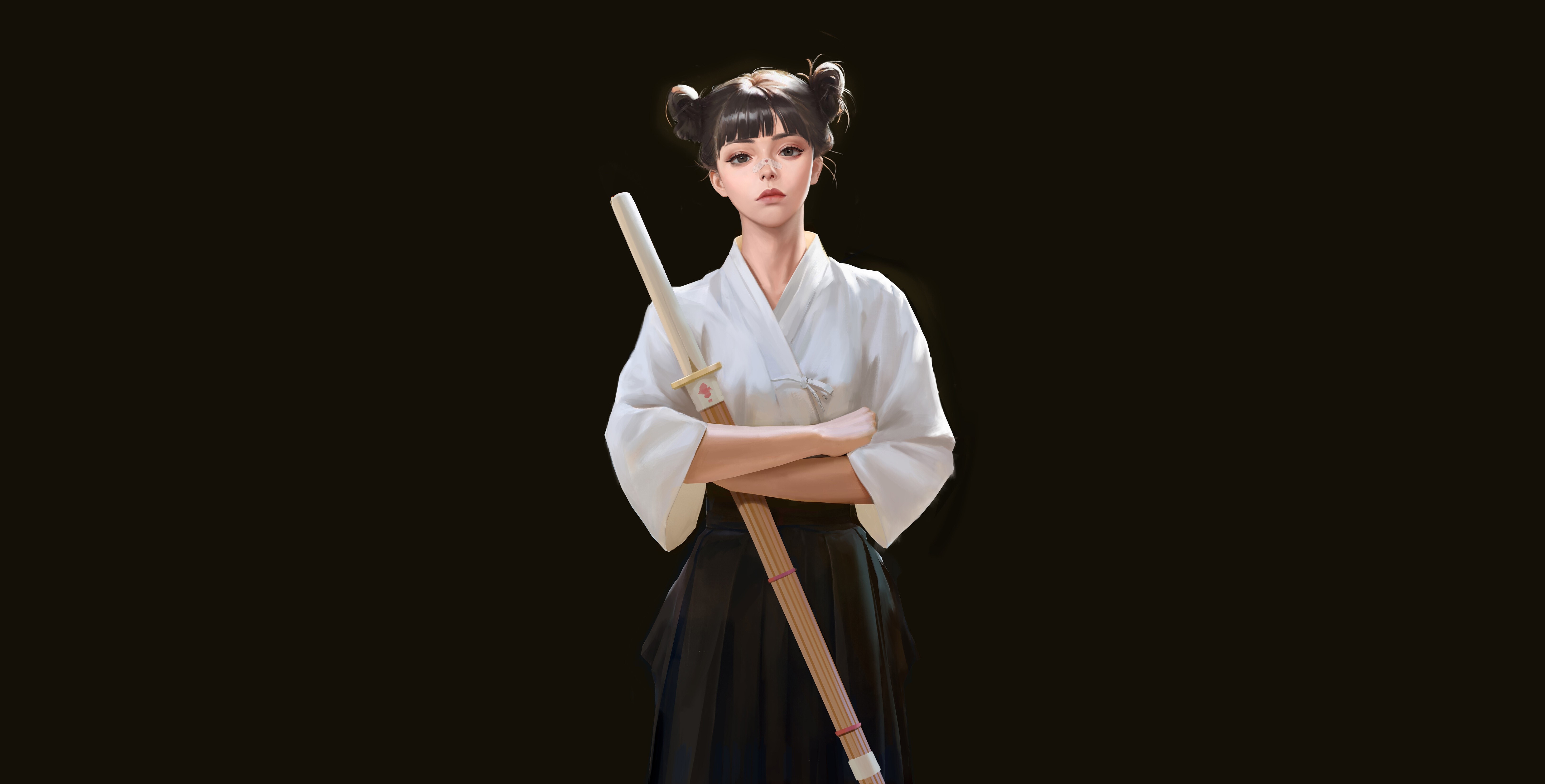 Anime girl with sword on black background HD Wallpaper