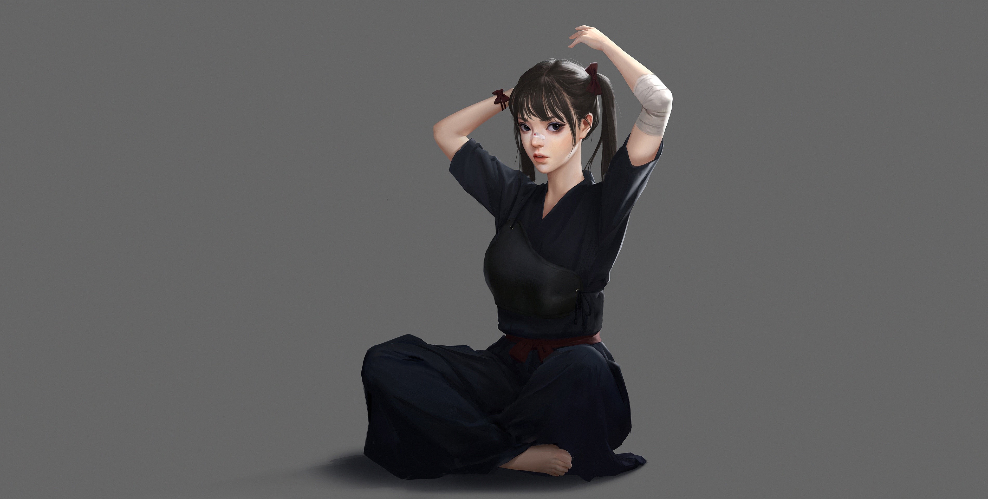 Digital art of a young woman in samurai attire HD Wallpaper