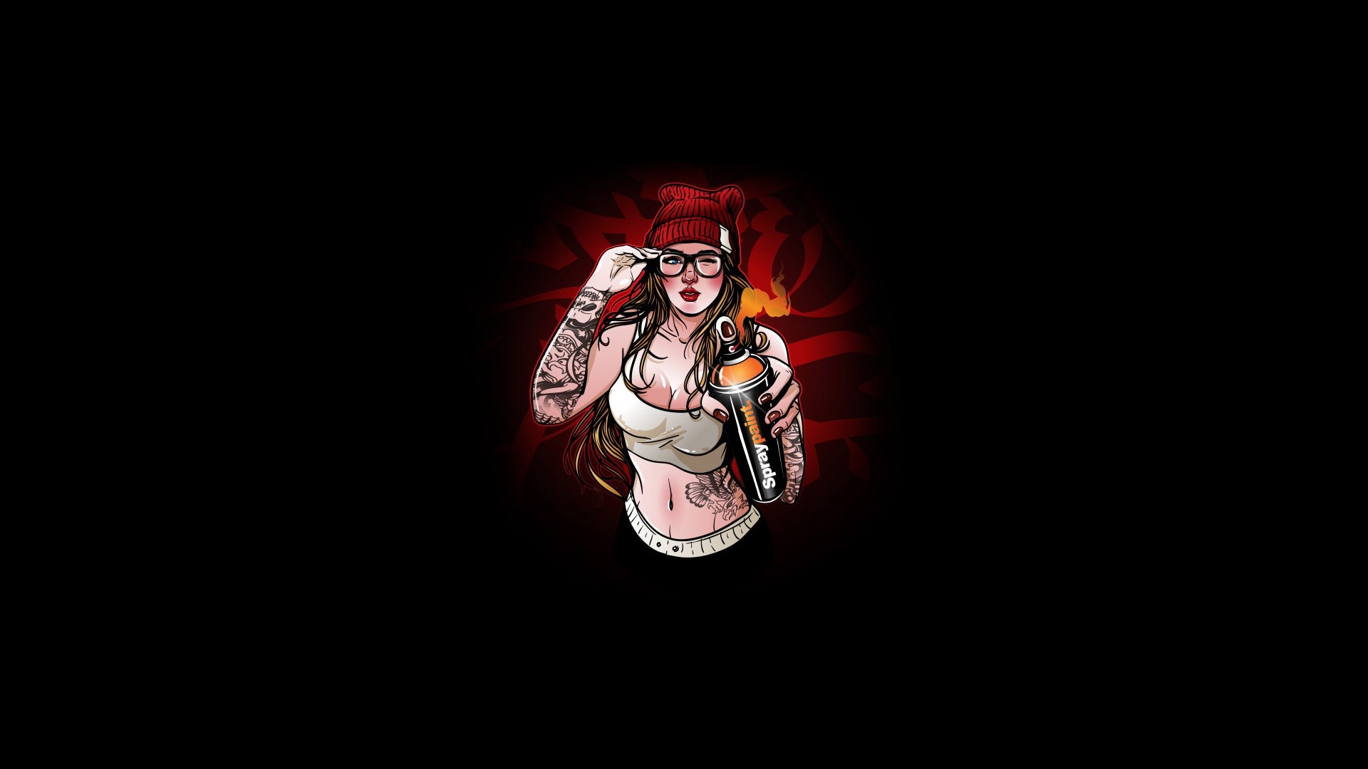 Woman with tattoos and spray can HD Wallpaper