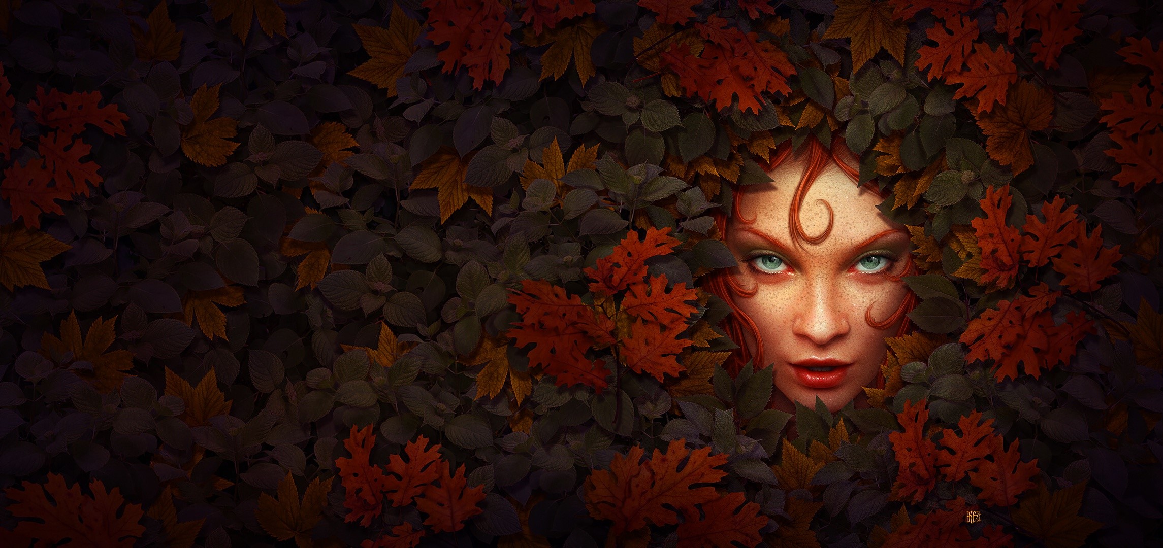 Woman with red hair peeking through autumn leaves HD Wallpaper