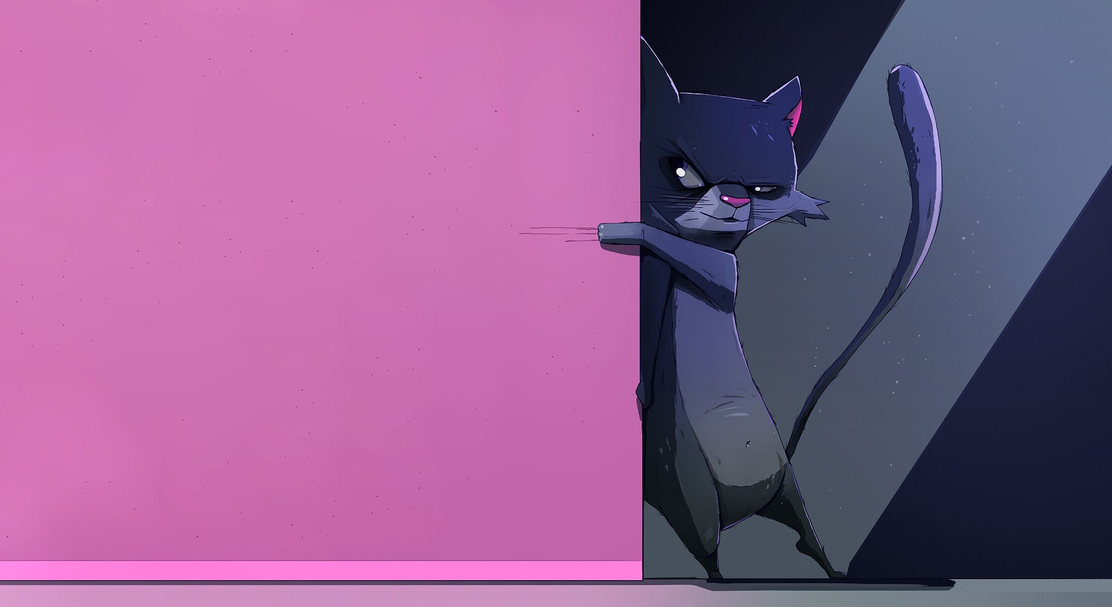 A cartoon cat peeking from behind a pink surface HD Wallpaper