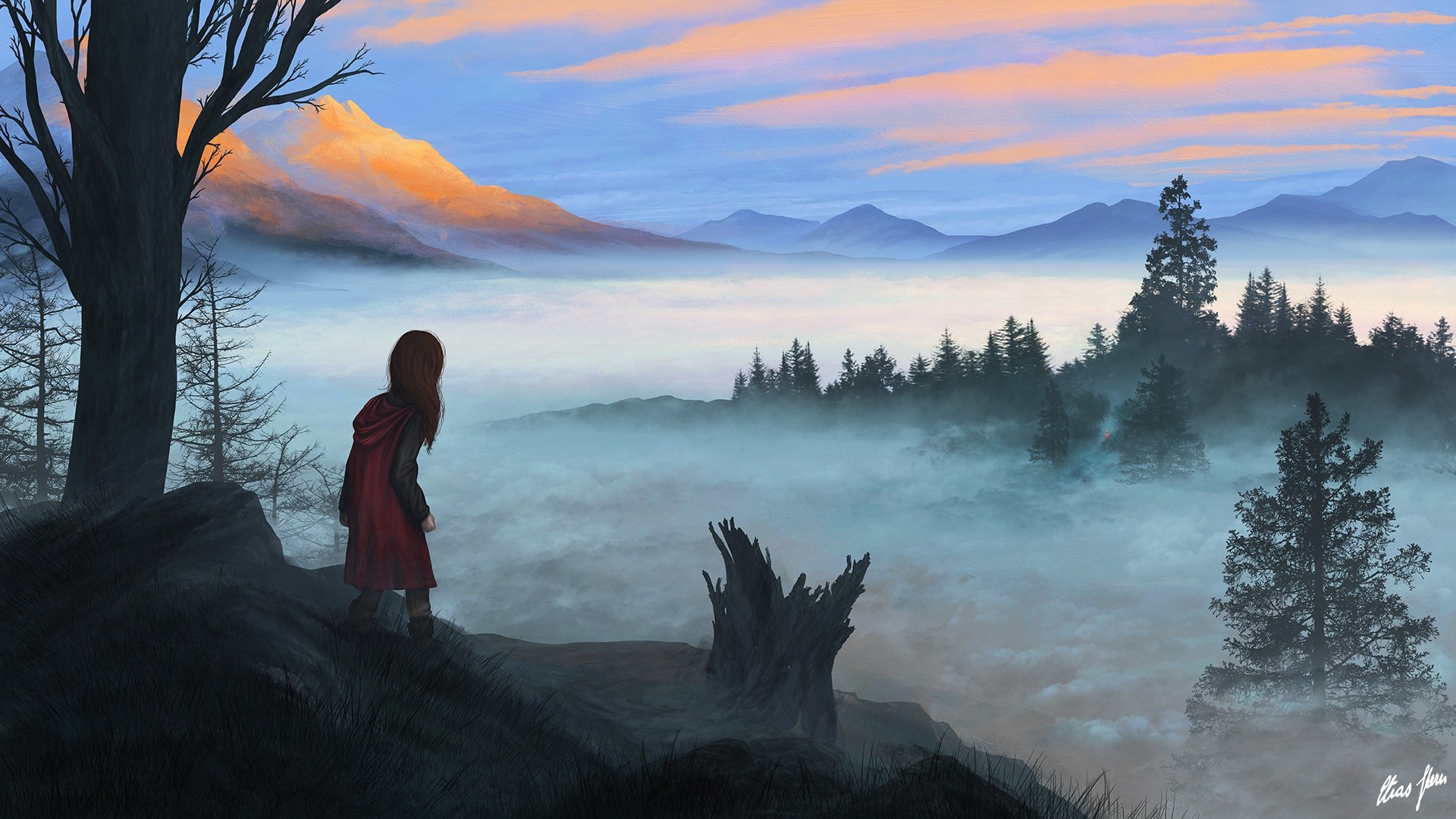 Fantasy girl in red cloak overlooking misty mountains HD Wallpaper