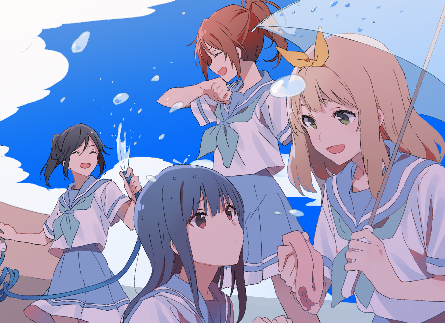 Anime girls with water guns and umbrella HD Wallpaper
