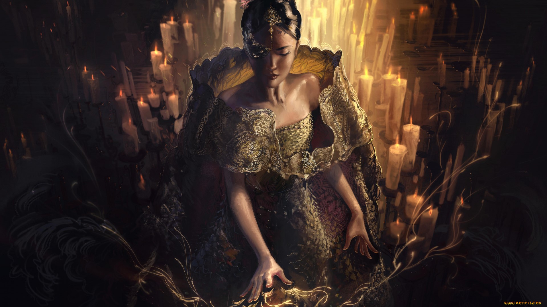 Fantasy art of a woman in a golden dress surrounded by candles HD Wallpaper