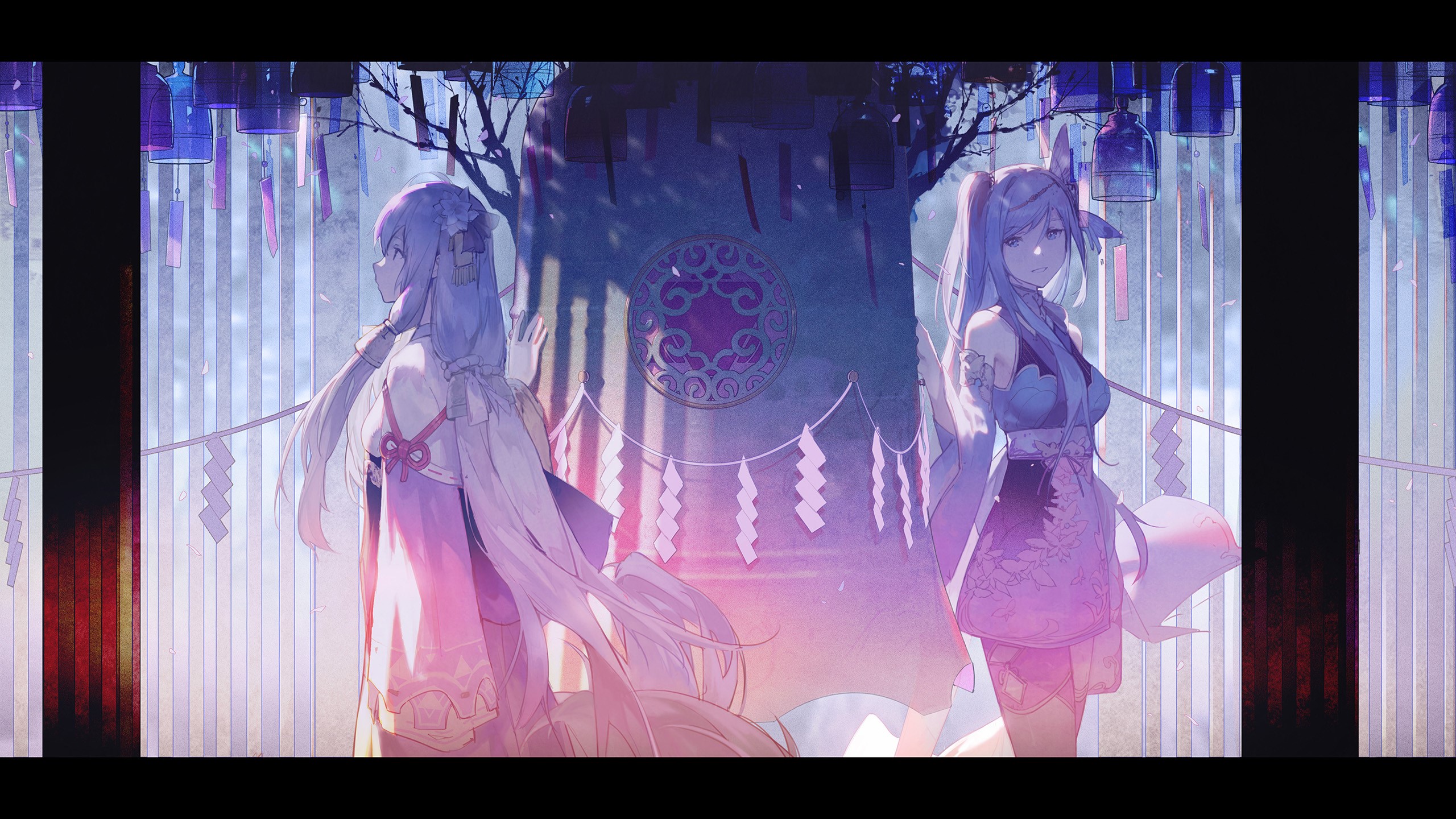 Anime girls in traditional Japanese attire HD Wallpaper