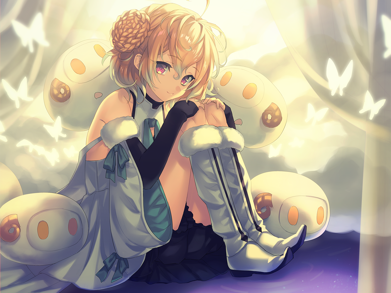 Anime girl with fluffy creatures and butterflies HD Wallpaper