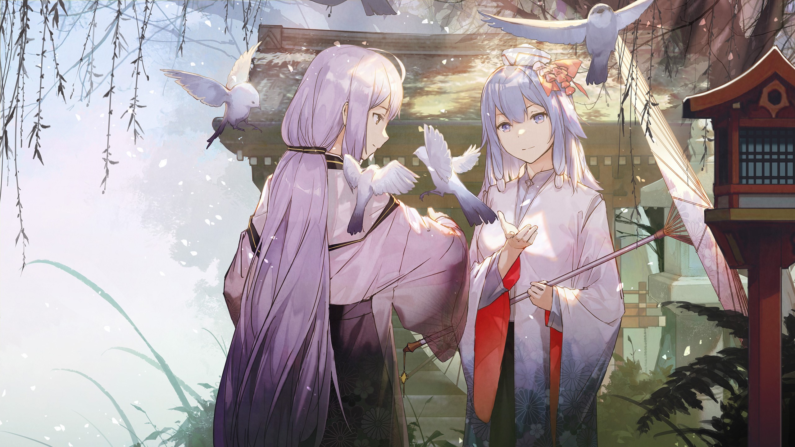 Two anime girls with white birds near a shrine HD Wallpaper