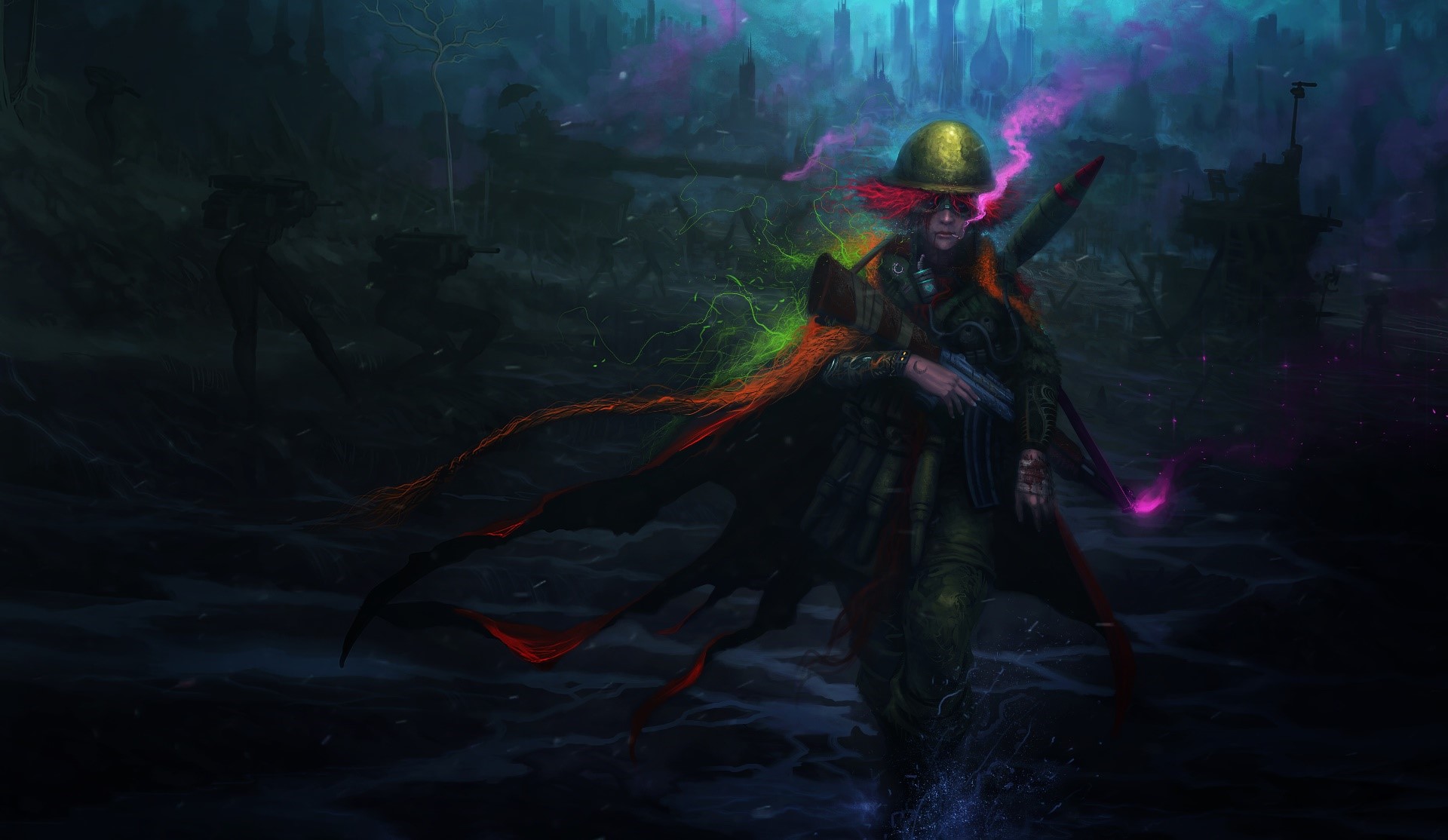 Soldier with colorful energy and weapon in a dark landscape HD Wallpaper